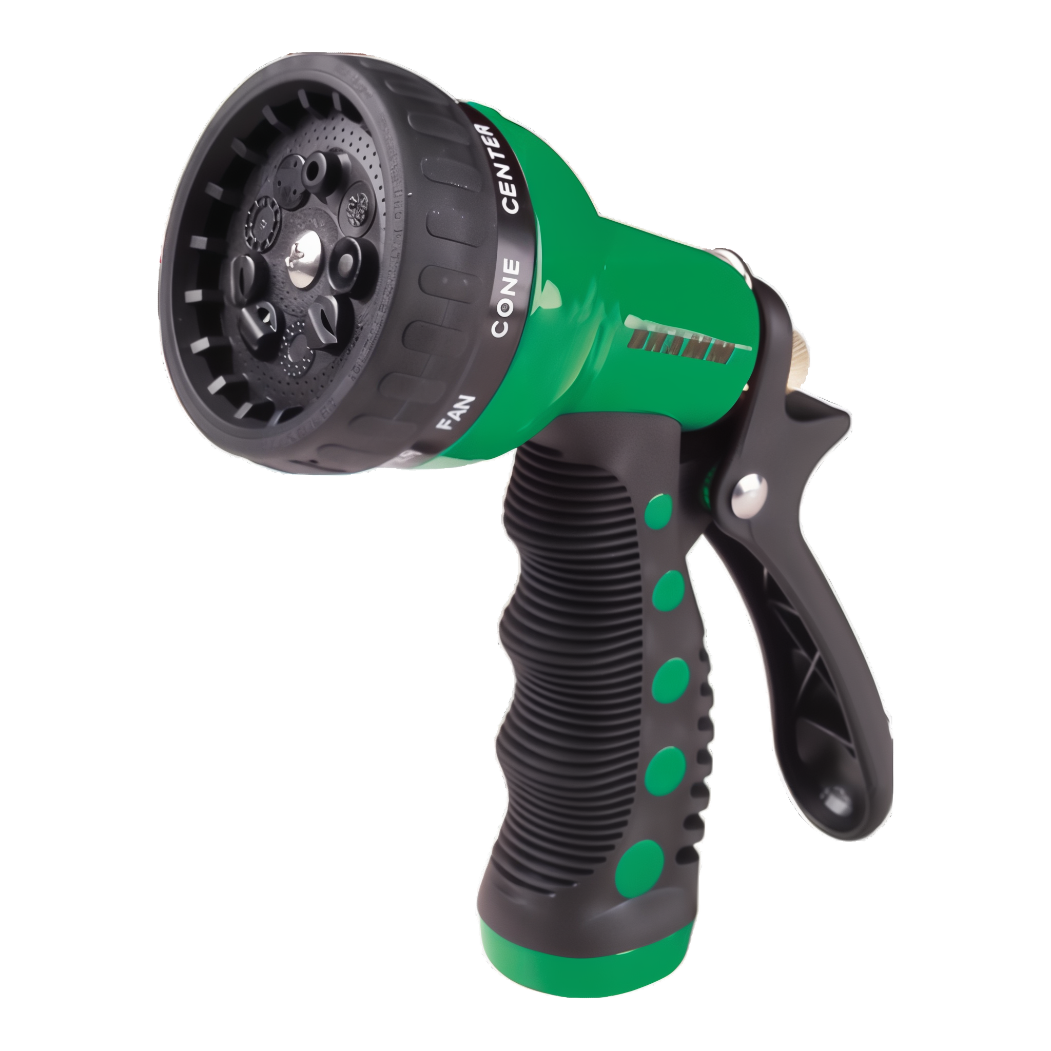 Dramm Touch 'N Flow Revolver 9-Pattern Spray Gun in Green with heavy-duty metal body and ergonomic insulated grip