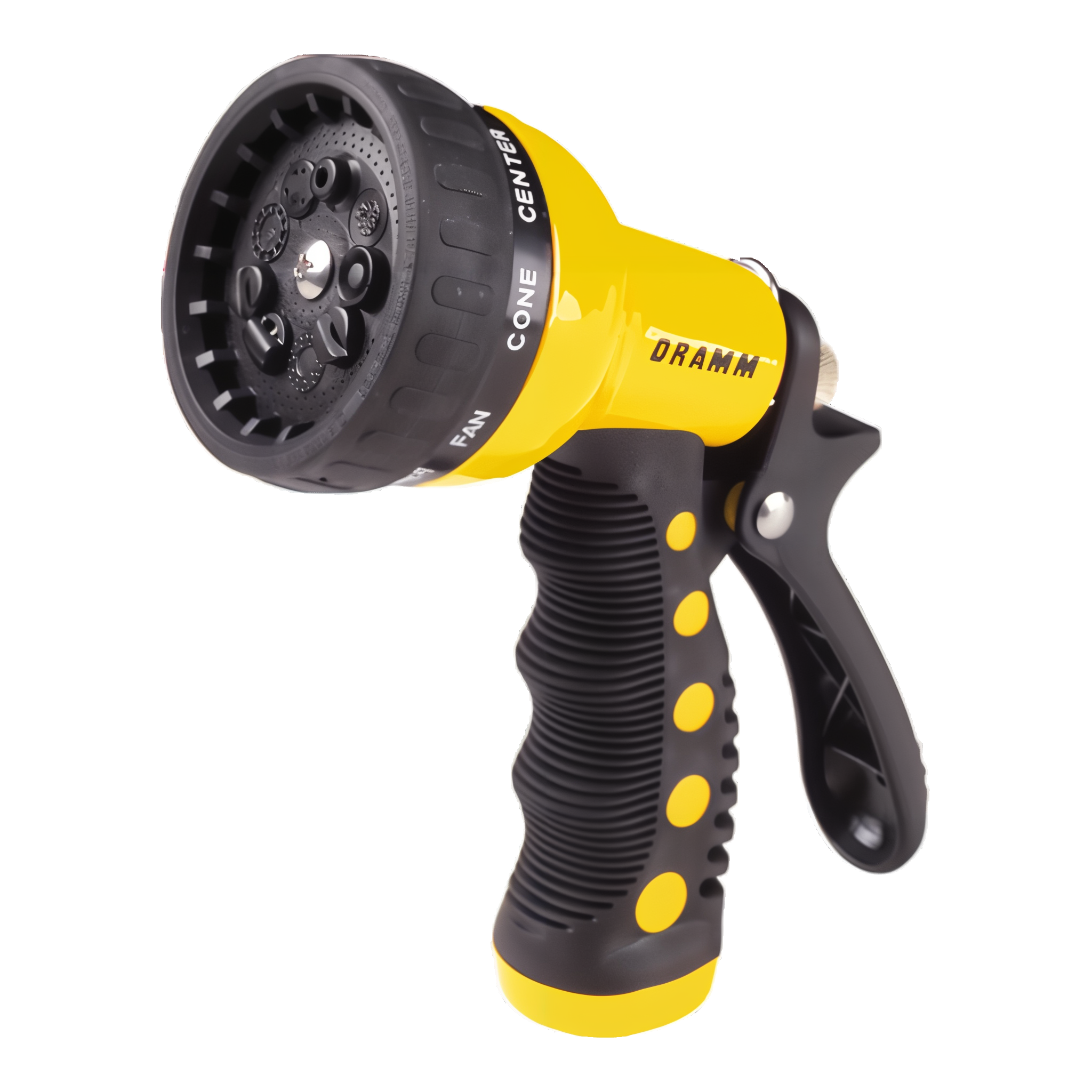 Dramm Touch 'N Flow Revolver 9-Pattern Spray Gun in Yellow with heavy-duty metal body and ergonomic insulated grip
