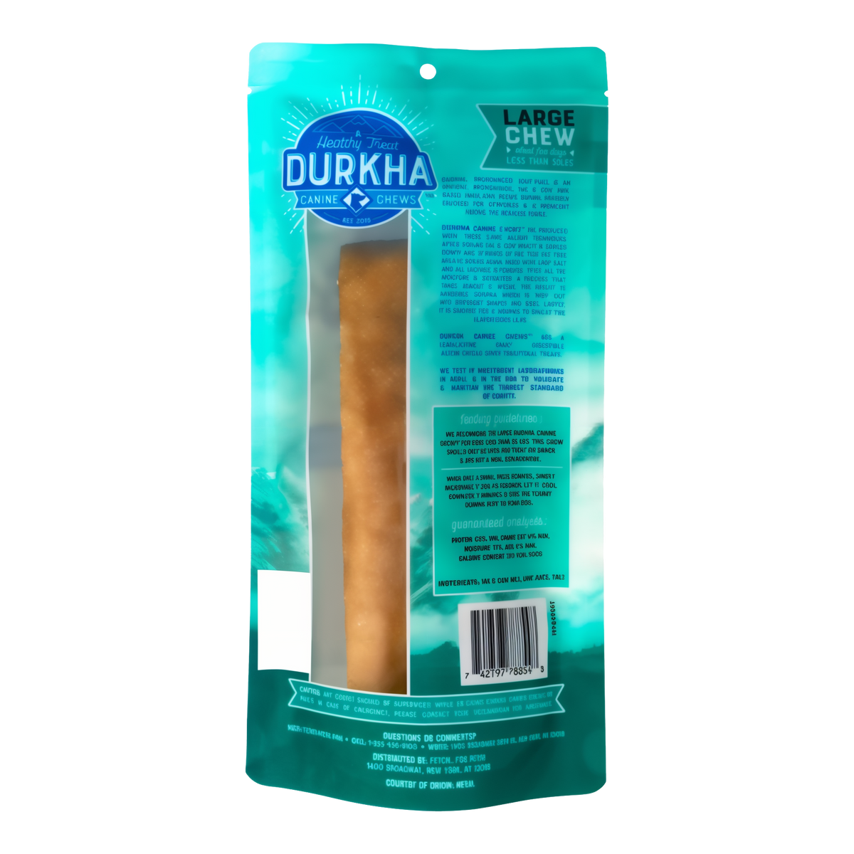 Durkha Yak Cheese Chews -- large chew bag back with ingredients and feeding guidance