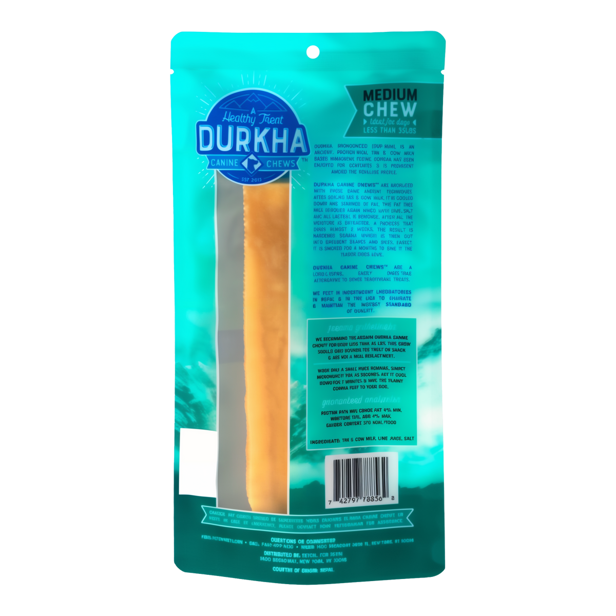 Durkha Yak Cheese Chews -- medium chew bag back with ingredients and feeding guidance
