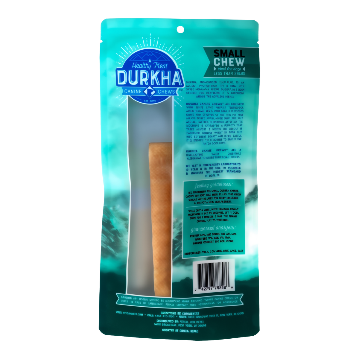 Durkha Yak Cheese Chews -- small chew bag back with ingredients and feeding guidance