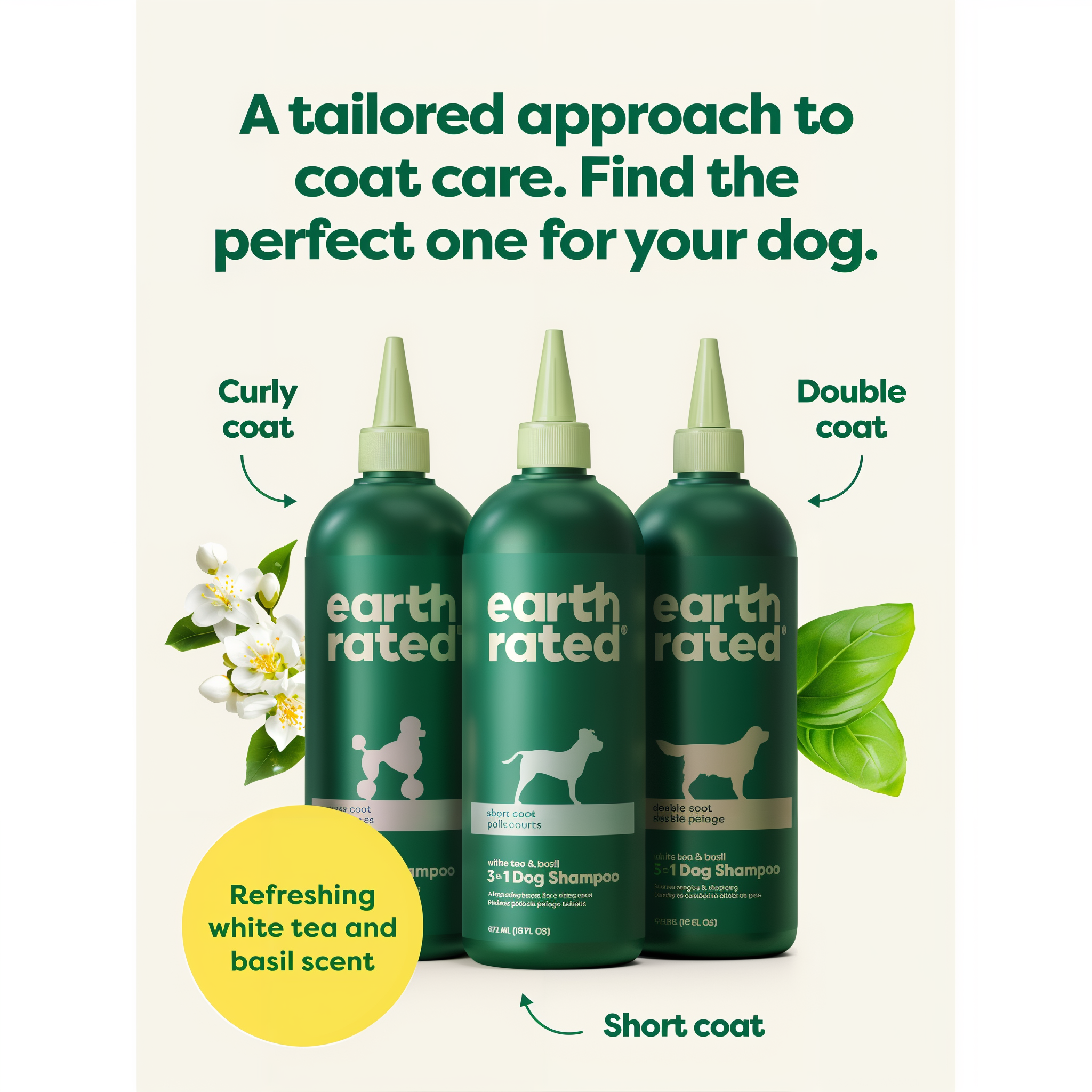 A tailored approach to coat care with Earth Rated white tea and basil 3-in-1 shampoos