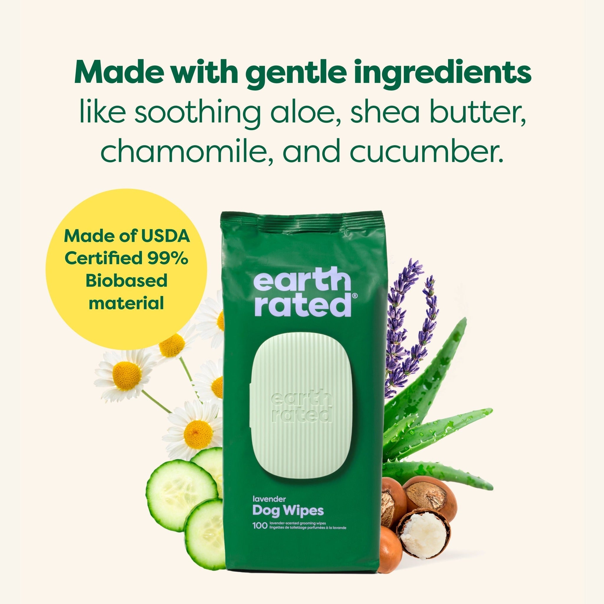 Earth Rated lavender dog wipes made with gentle ingredients including aloe and shea butter