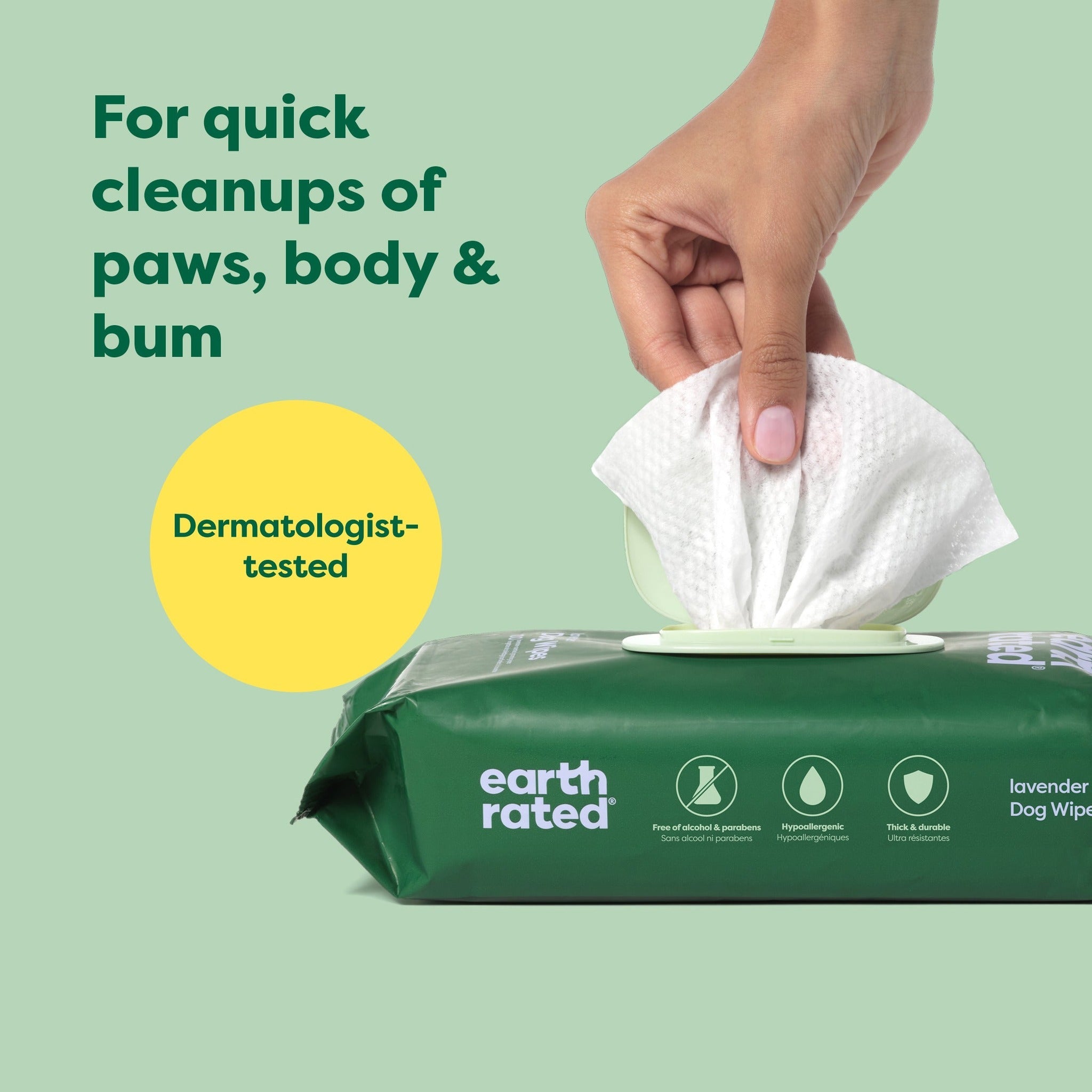Dermatologist-tested Earth Rated lavender wipes for quick cleanups of paws, body and bum