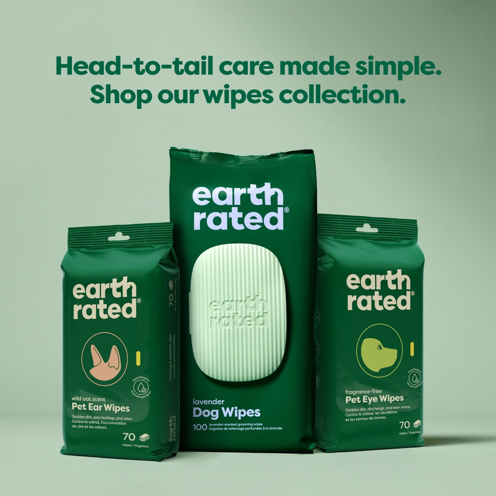 Earth Rated head-to-tail wipes collection with lavender dog wipes