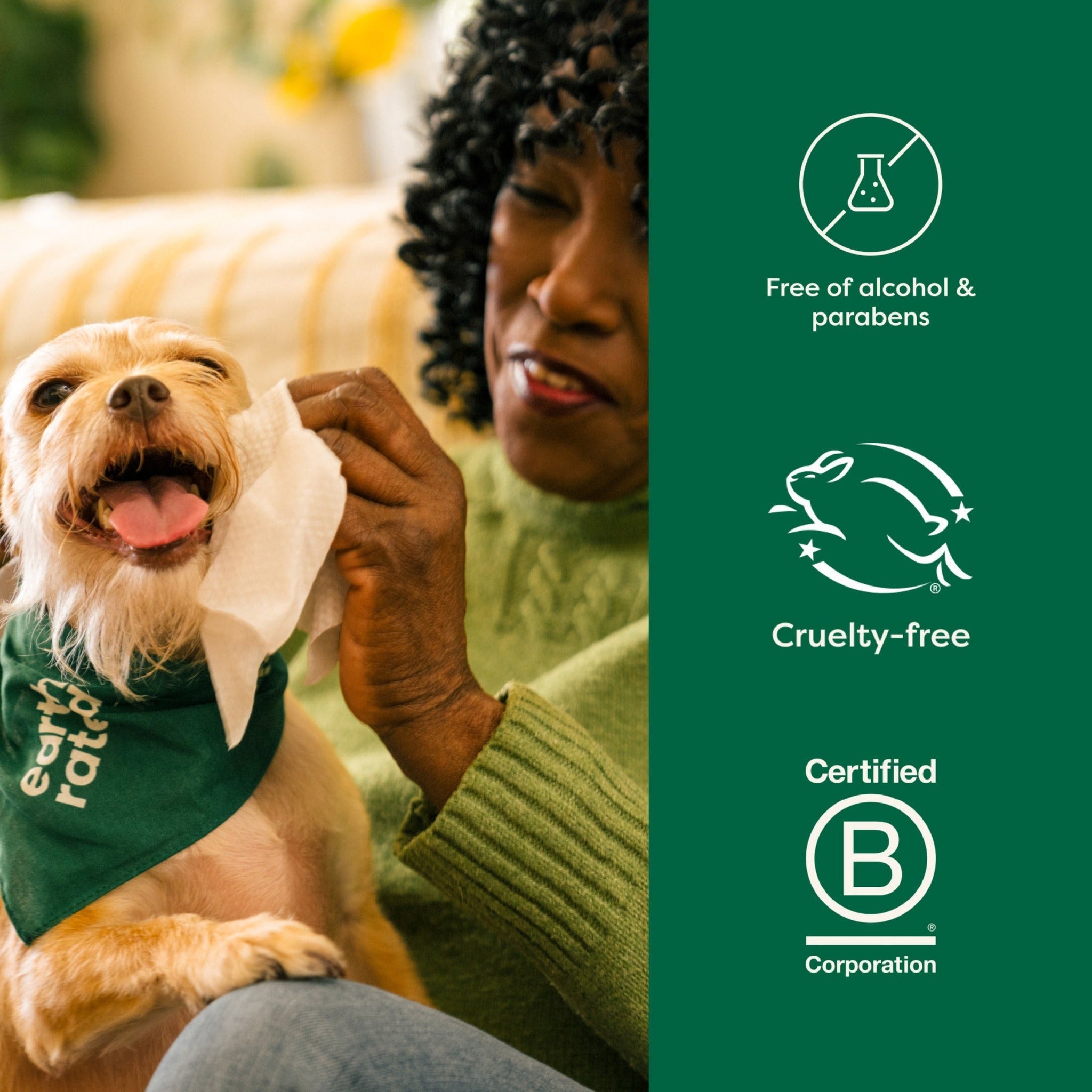 Hypoallergenic, cruelty-free and B Corp certified Earth Rated dog wipes