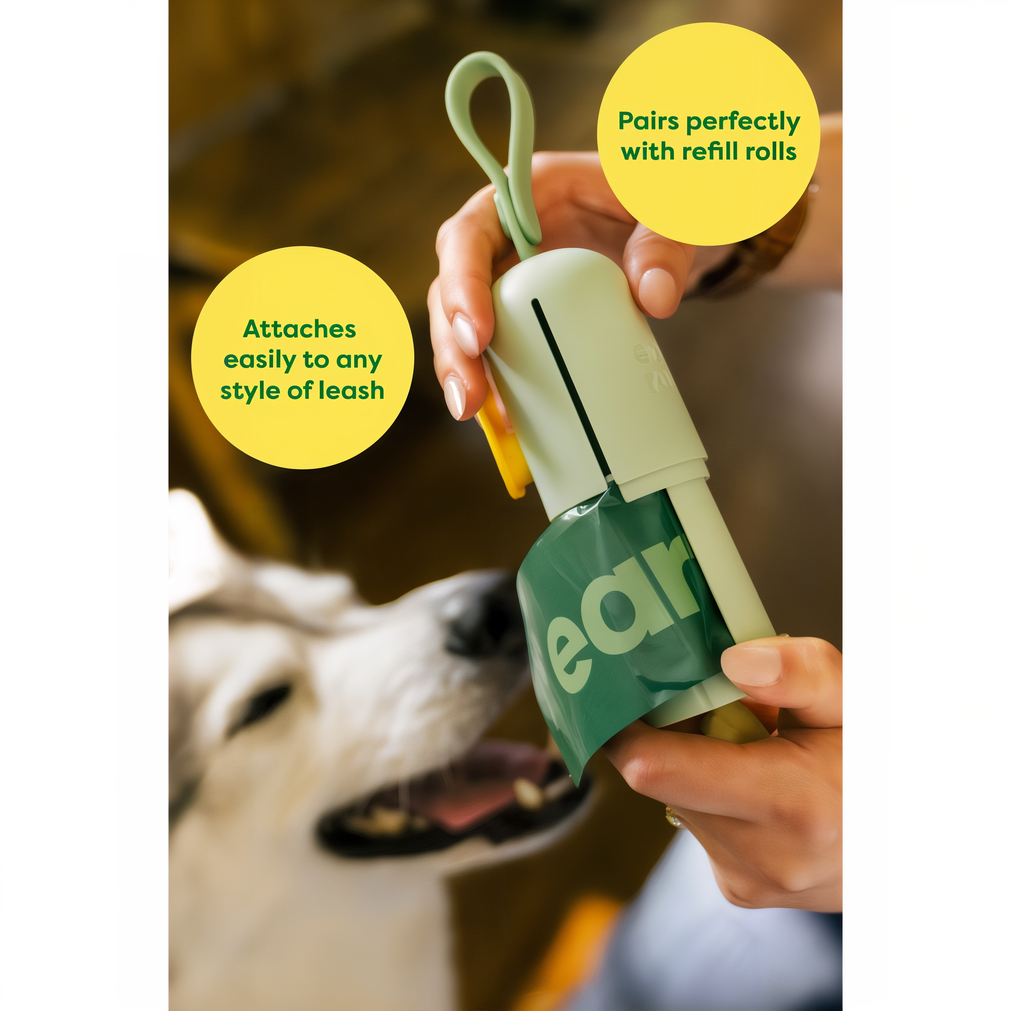 Earth Rated dispenser attaches easily to any style of leash and pairs with refill rolls