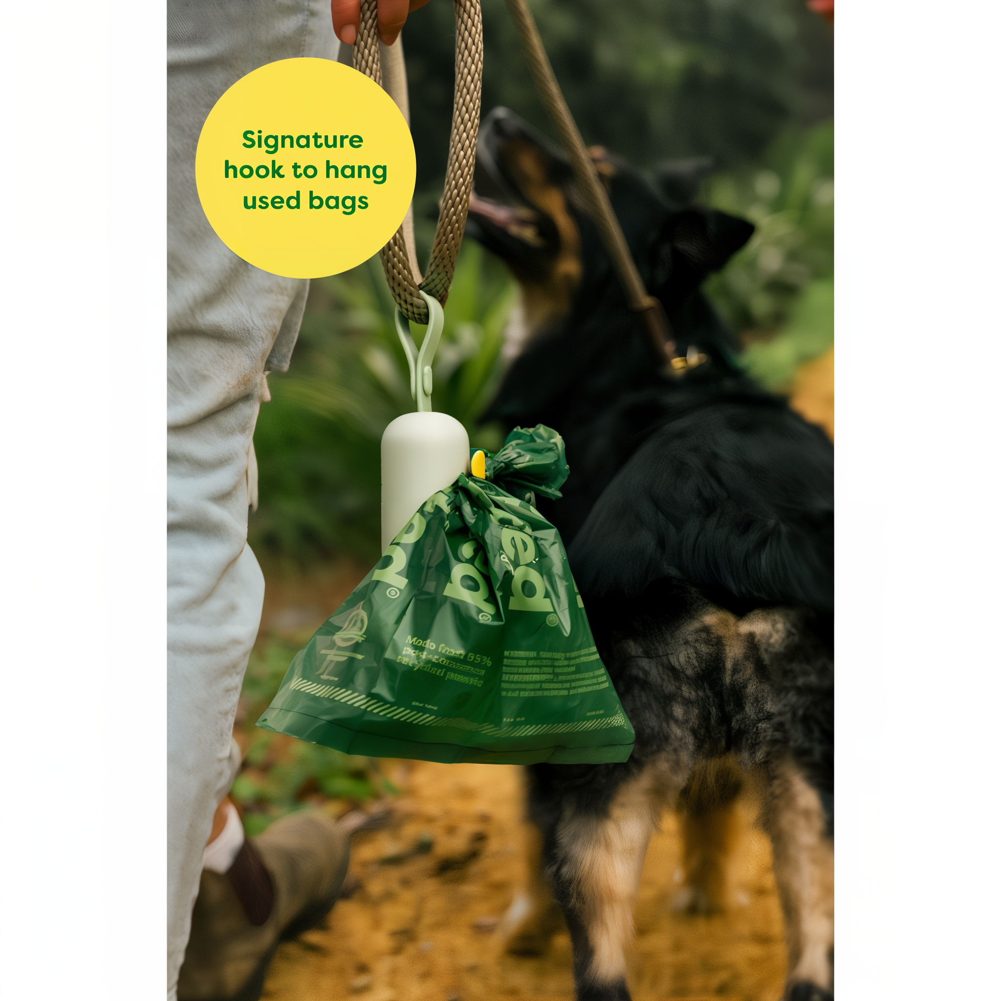 Signature hook on the Earth Rated dispenser hangs used bags hands-free