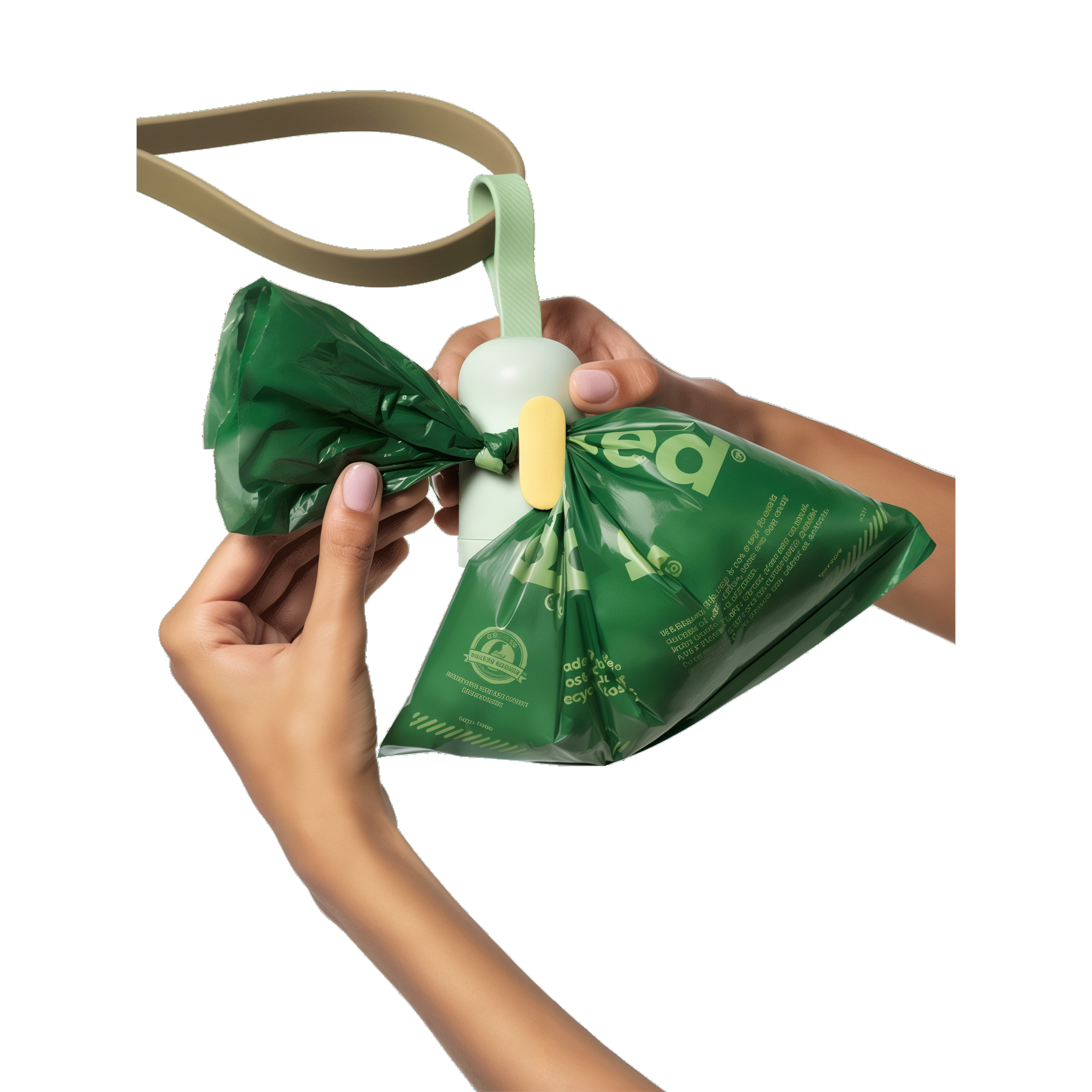 Tying a filled poop bag onto the Earth Rated dispenser hook