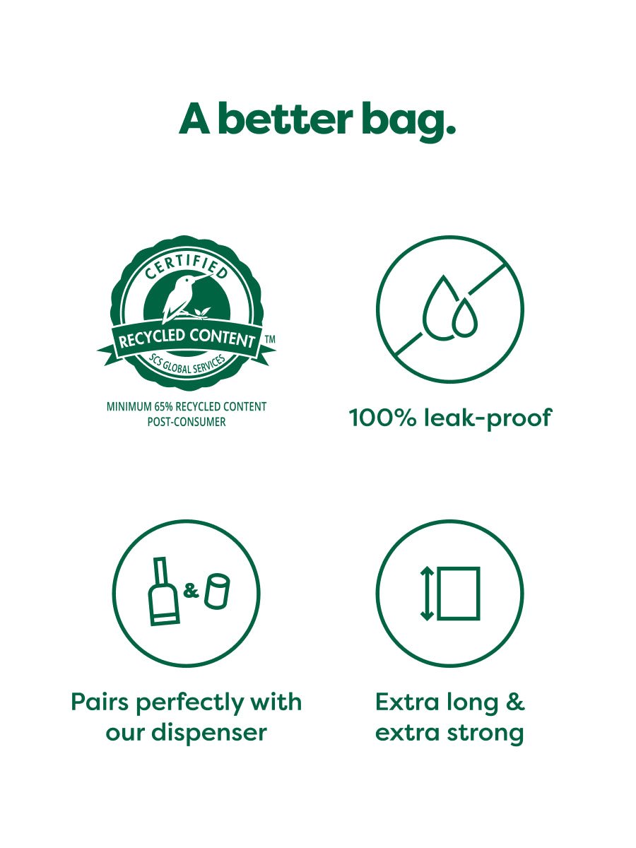 A better bag: certified recycled content, 100 percent leak-proof, dispenser compatible, extra long and strong
