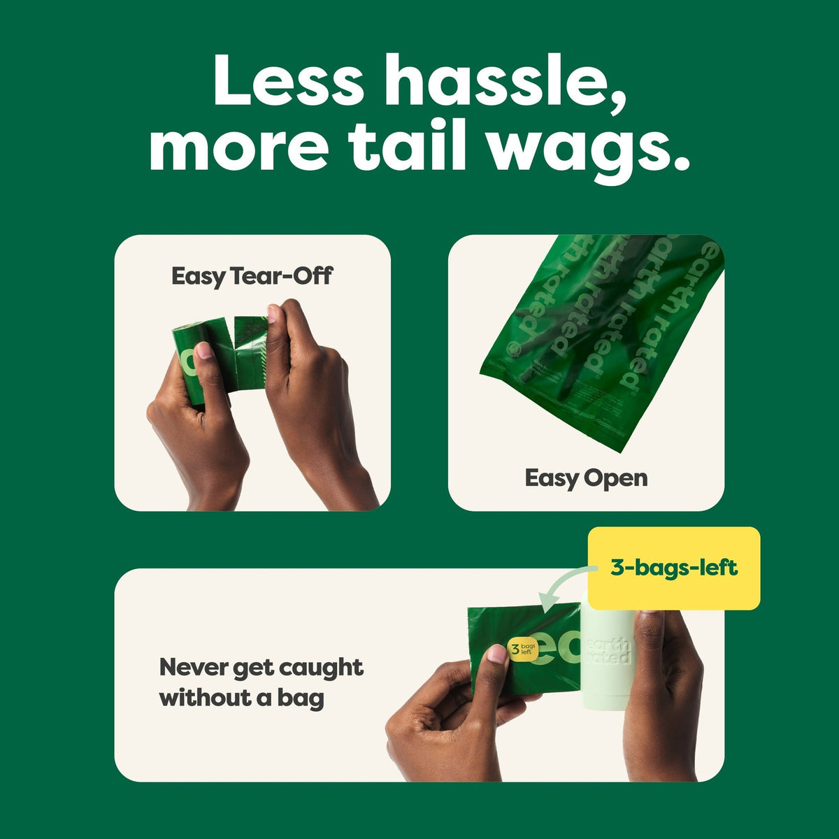 Less hassle, more tail wags: easy tear-off, easy open, 3 bags left sticker