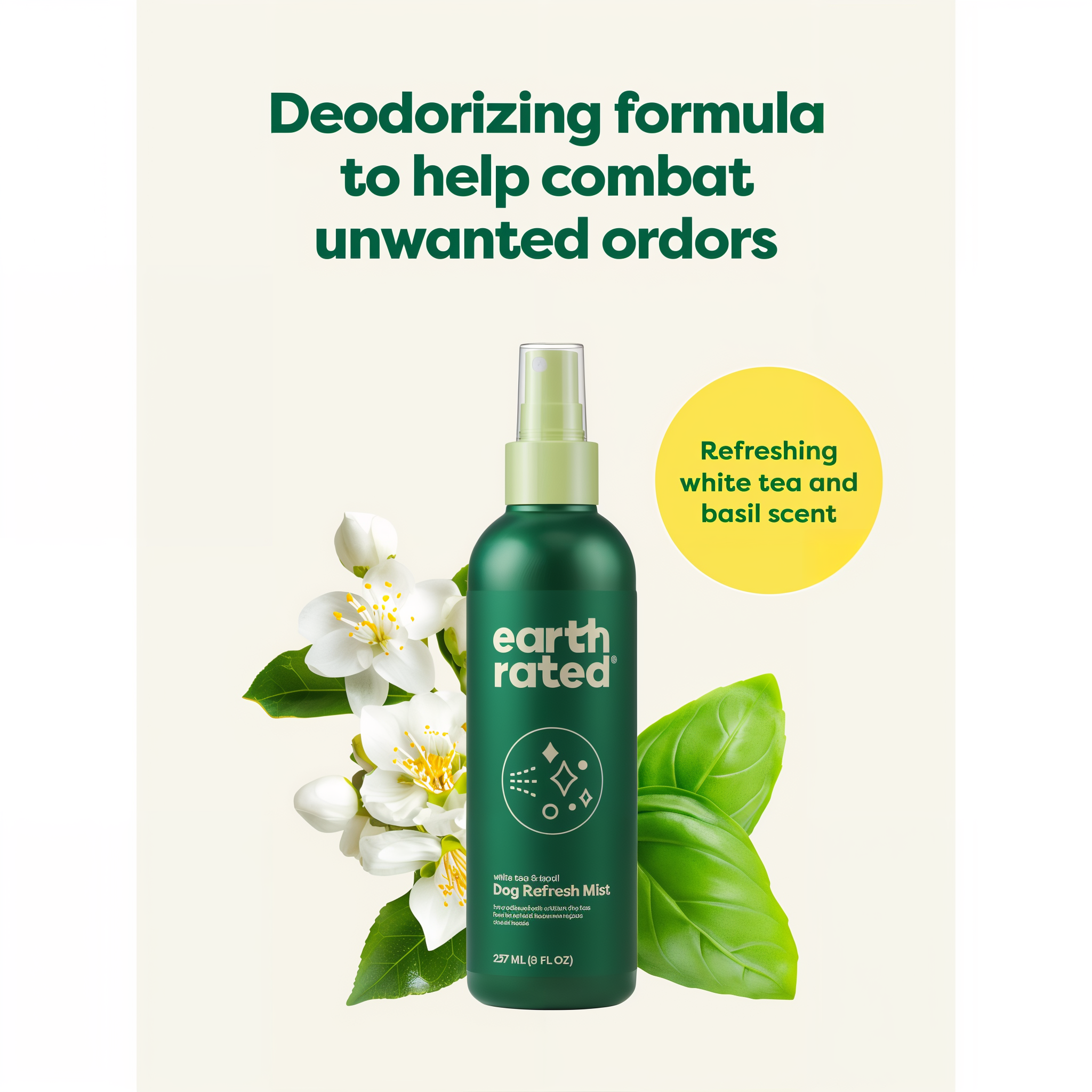 Deodorizing formula with refreshing white tea and basil scent combats unwanted odors