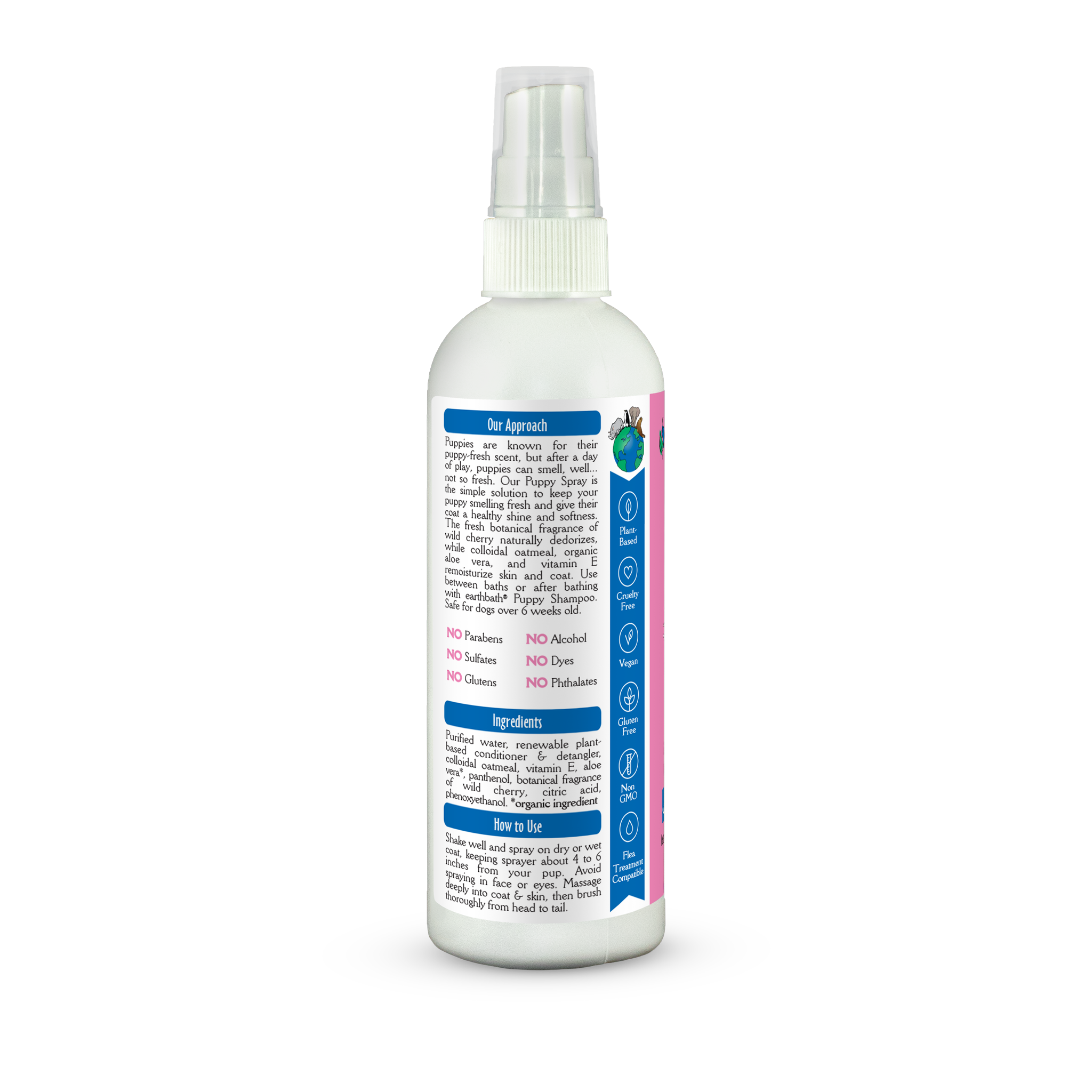 Earthbath 3-in-1 Deodorizing Puppy Spray label left panel with directions