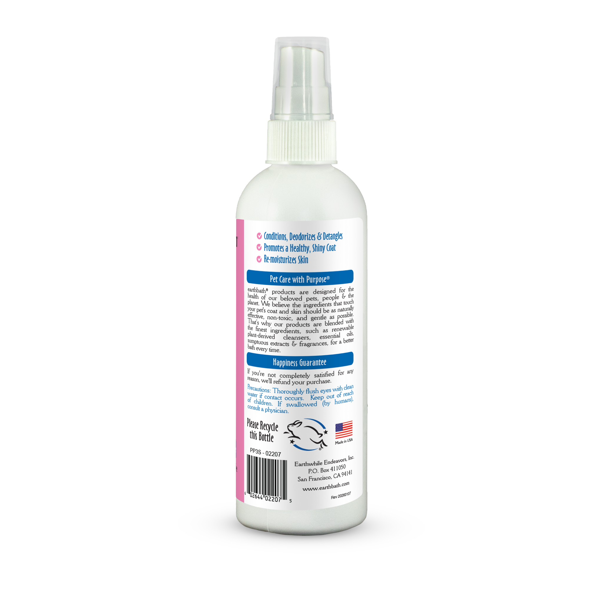 Earthbath 3-in-1 Deodorizing Puppy Spray label back panel with ingredients