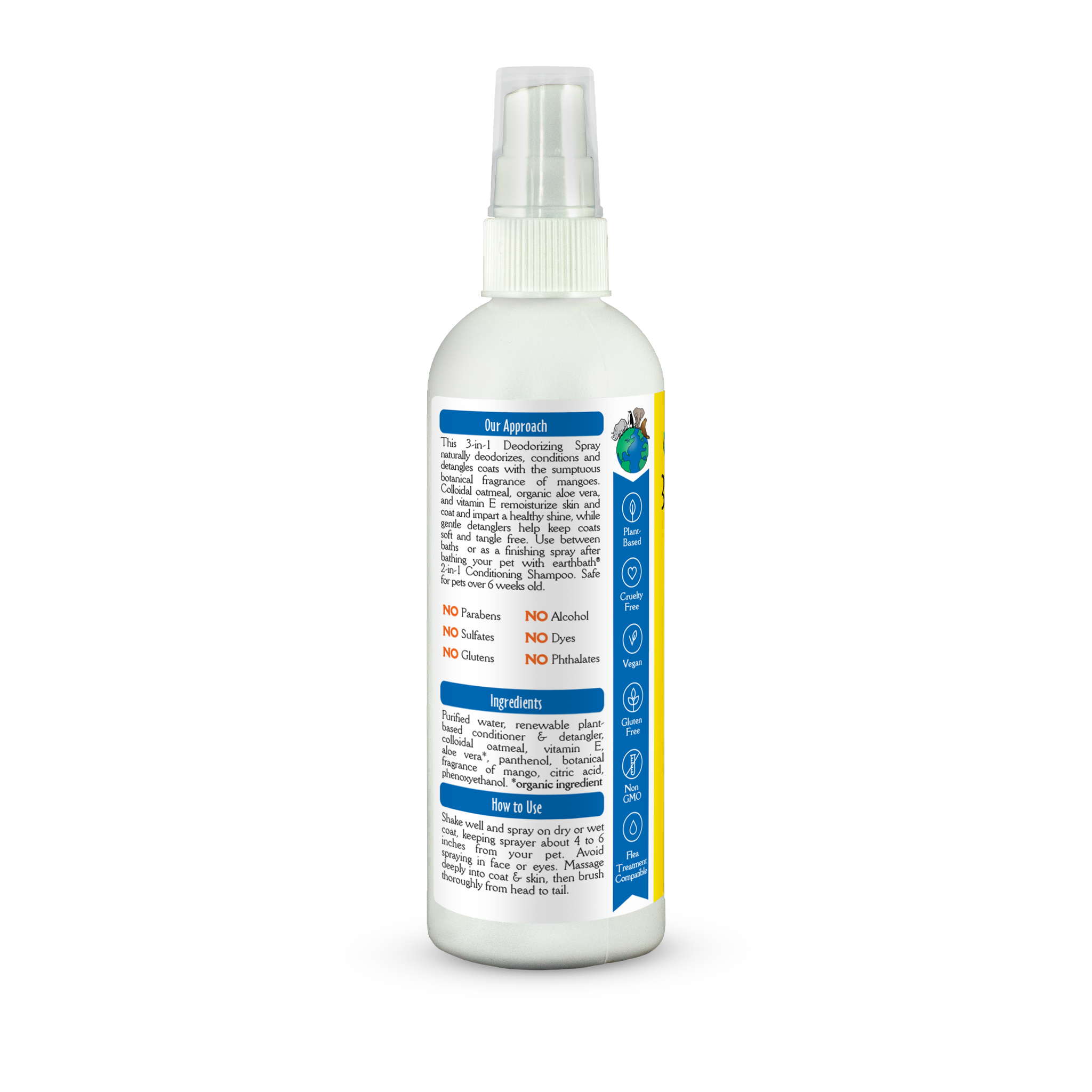 Earthbath 3-in-1 Deodorizing Spray - Mango Tango label left panel with directions