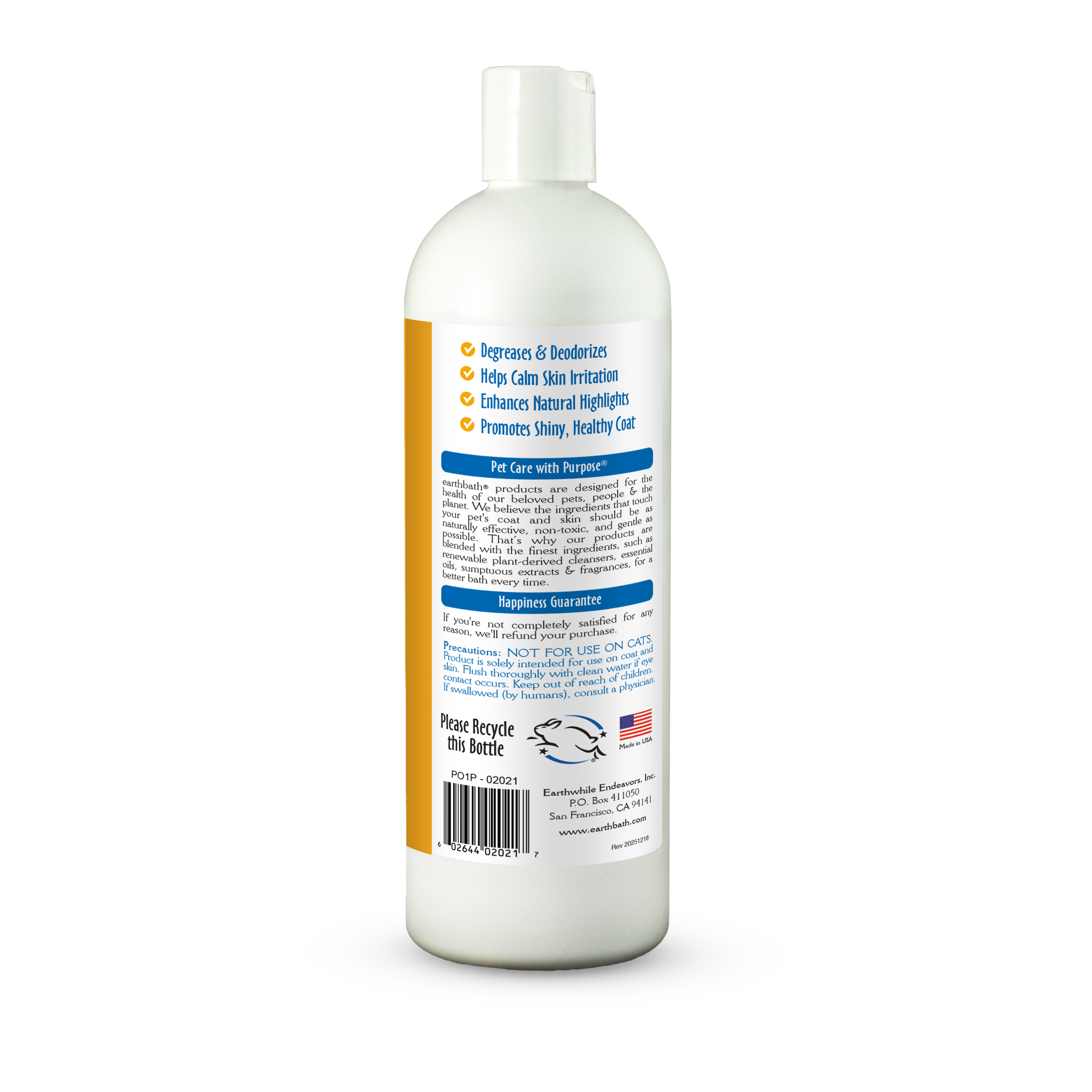 Earthbath Dirty Dog Shampoo label back panel with ingredients