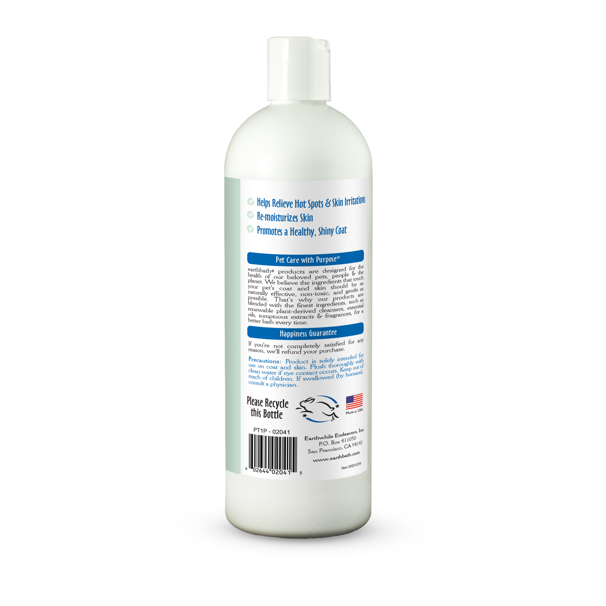 Earthbath Hot Spot Relief Shampoo bottle back label with benefits and guarantee