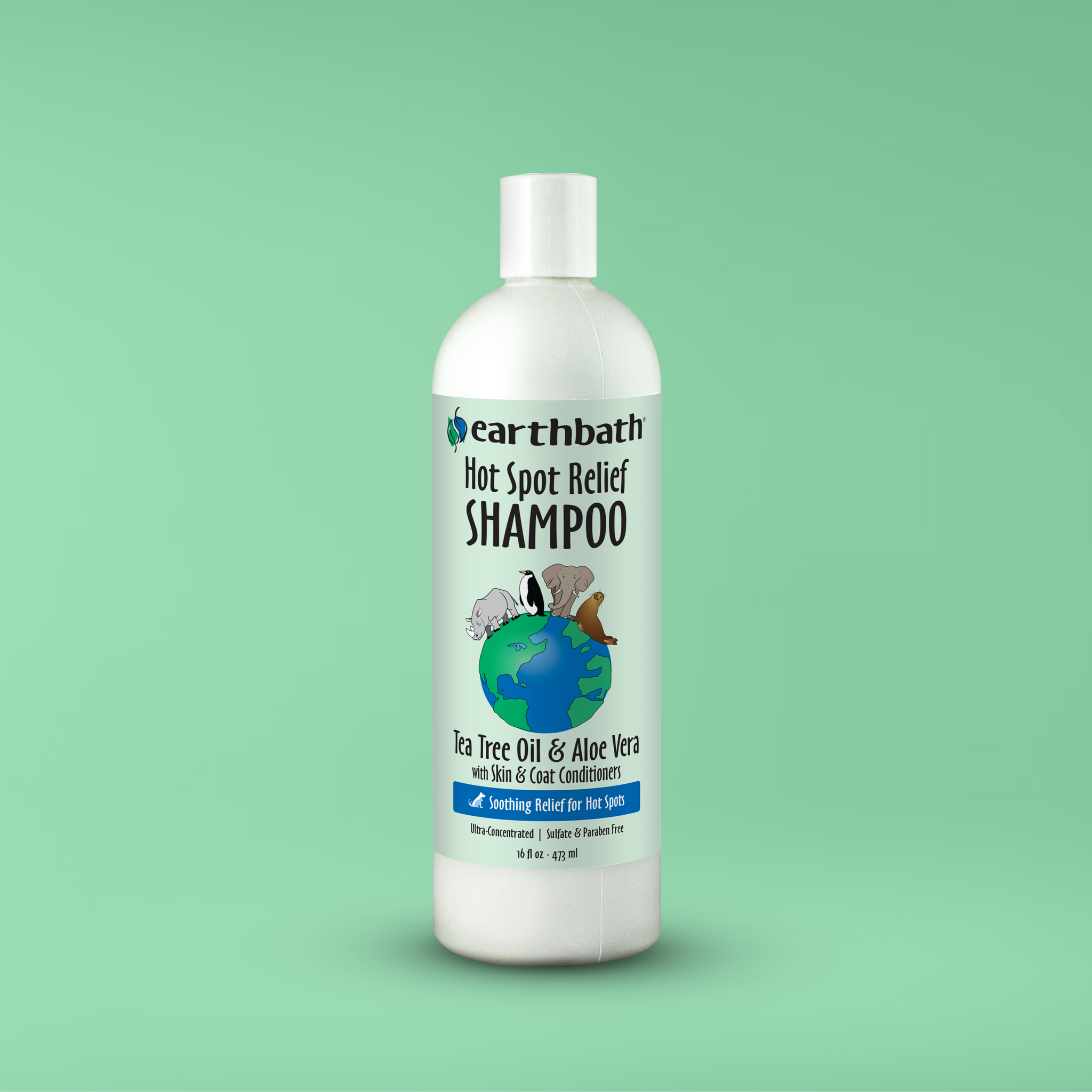 Earthbath Hot Spot Relief Shampoo bottle on sage green background
