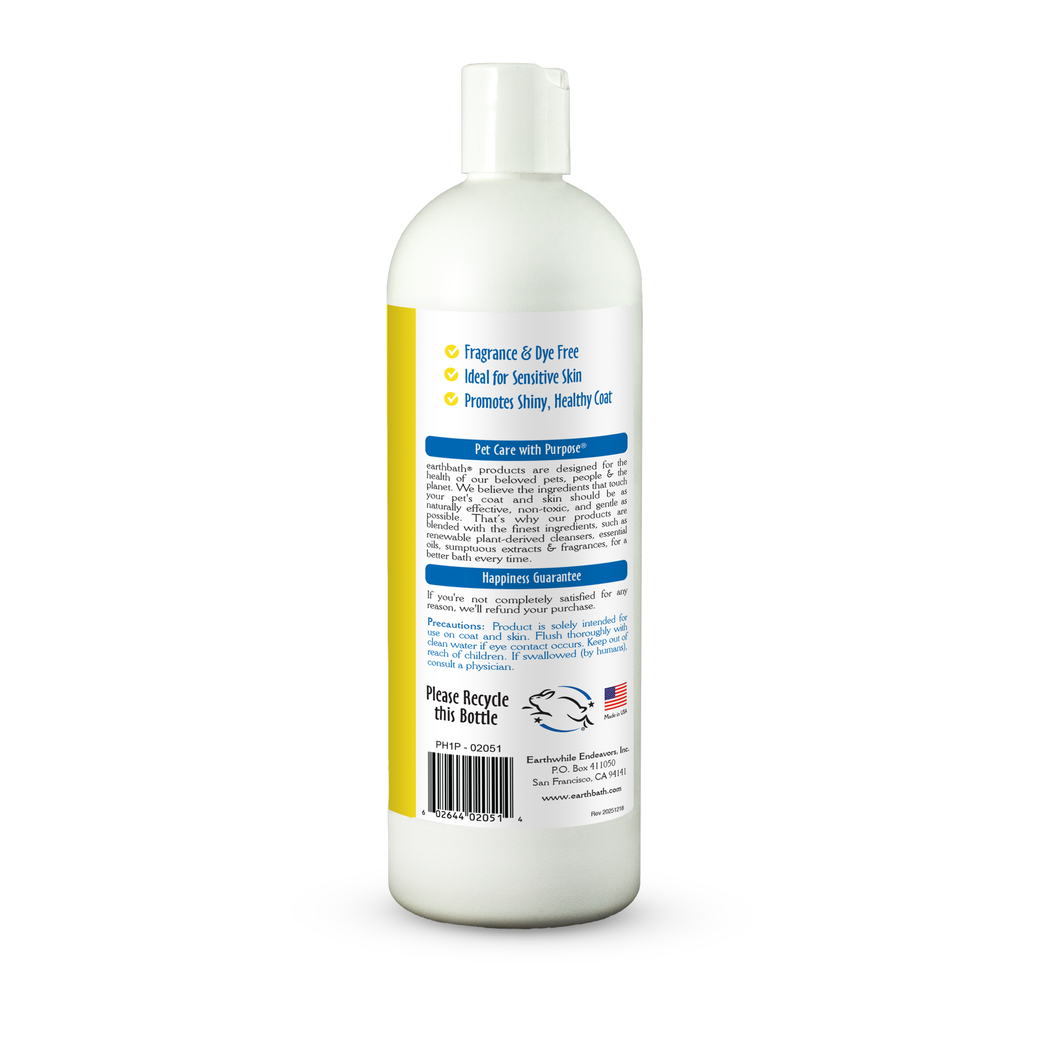 Earthbath Hypoallergenic Shampoo label back panel with ingredients