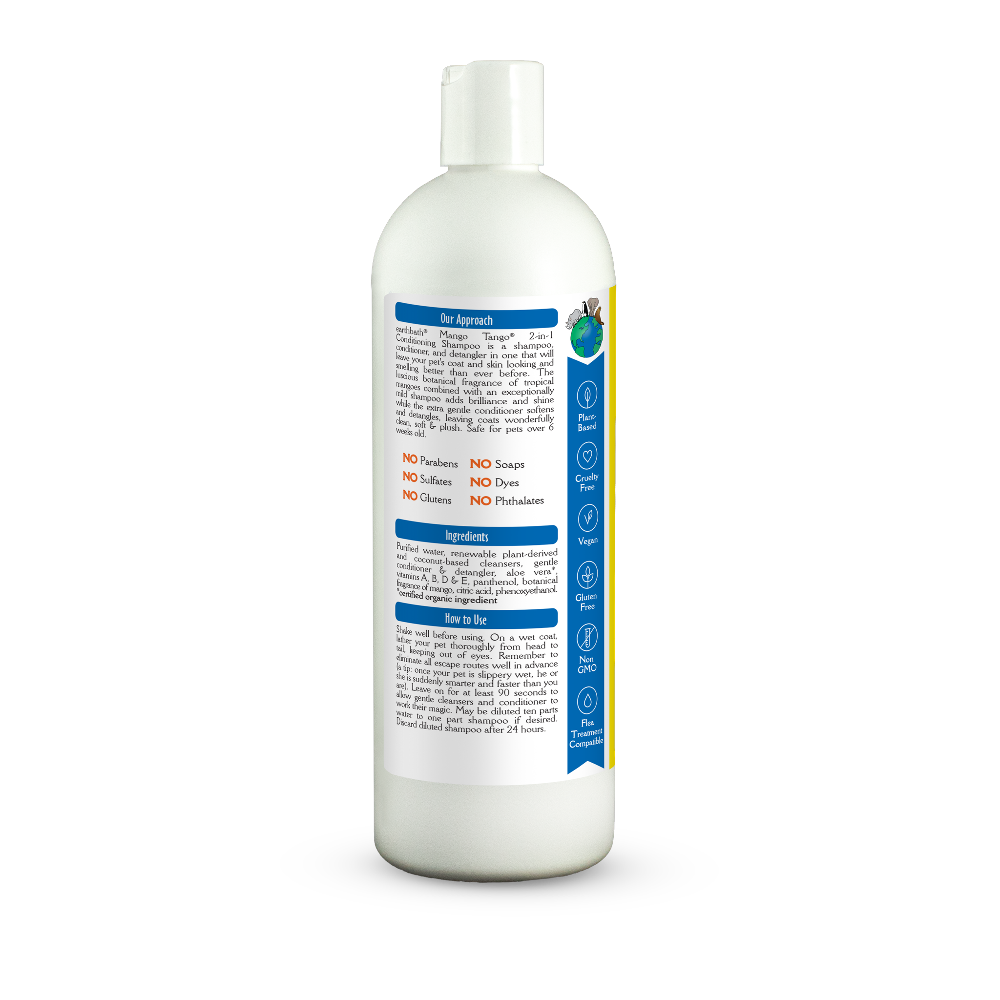 Earthbath 2-in-1 Conditioning Shampoo - Mango Tango label left panel with directions