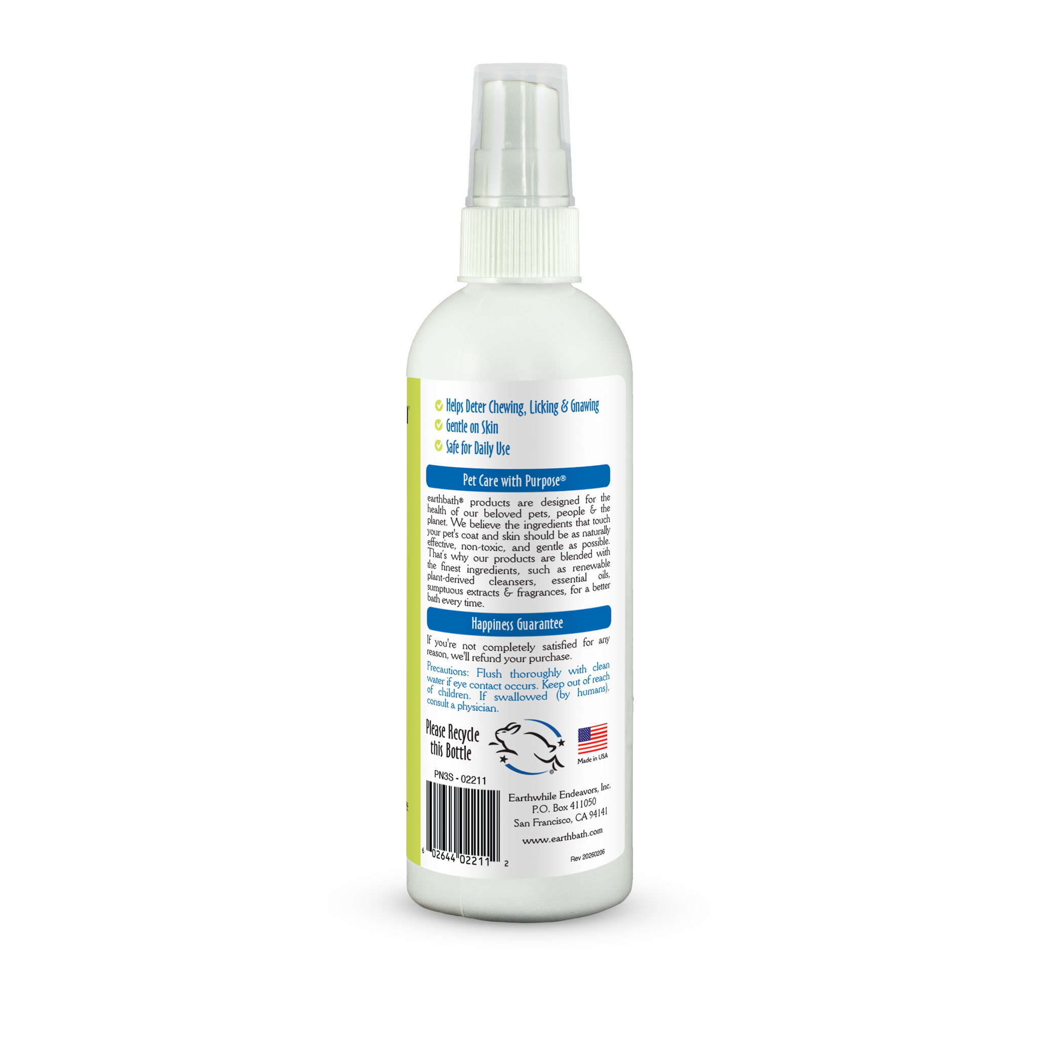 Earthbath No Chew Spray label back panel with ingredients