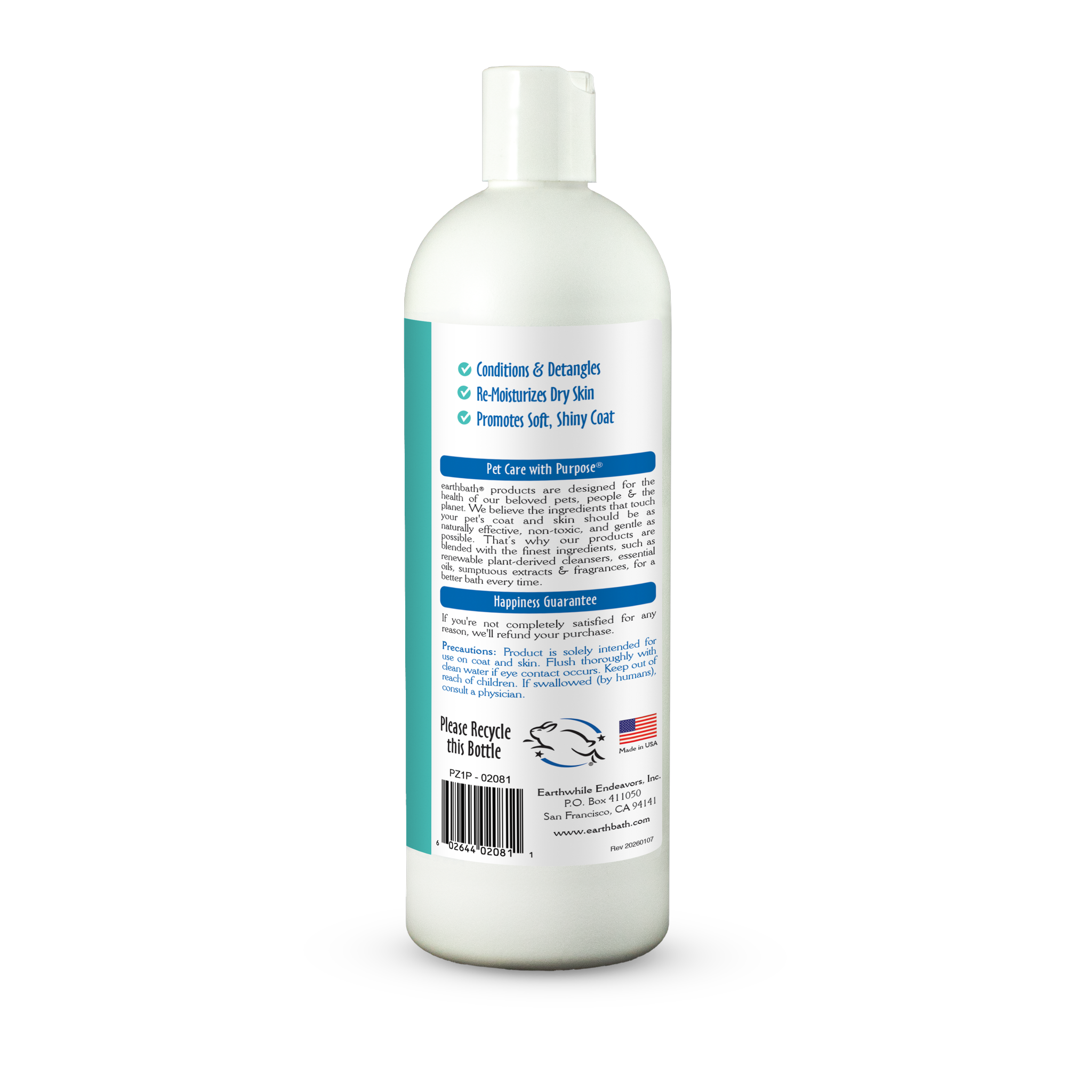 Earthbath Oatmeal & Aloe Itch Relief Conditioner - Vanilla & Almond label back panel with ingredients