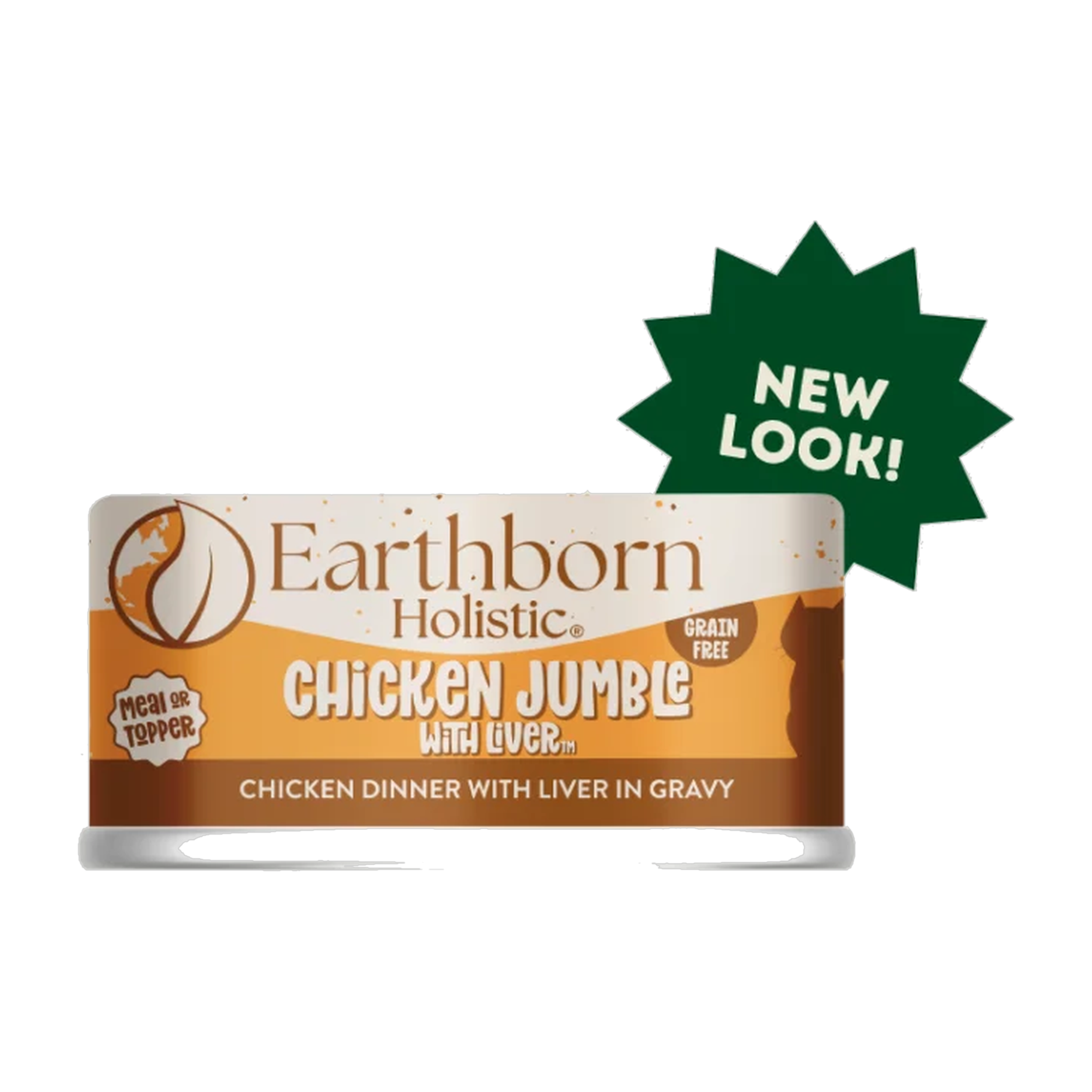 Earthborn Holistic Chicken Jumble with Liver grain-free wet cat food, front of the 5.5 oz can with a New Look starburst #5.5 OZ