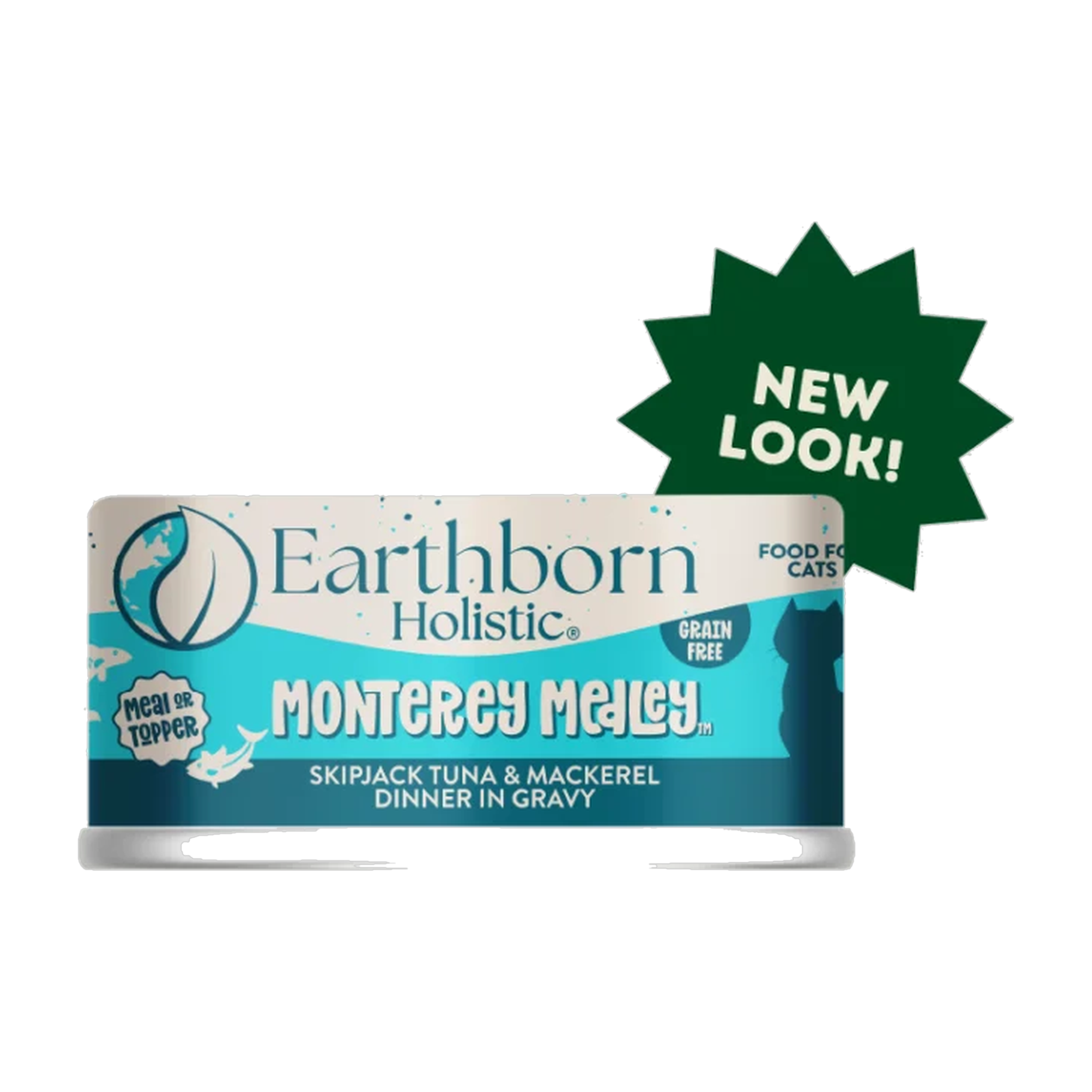 Earthborn Holistic Monterey Medley grain-free wet cat food, front of the 5.5 oz can with a New Look starburst #5.5 OZ
