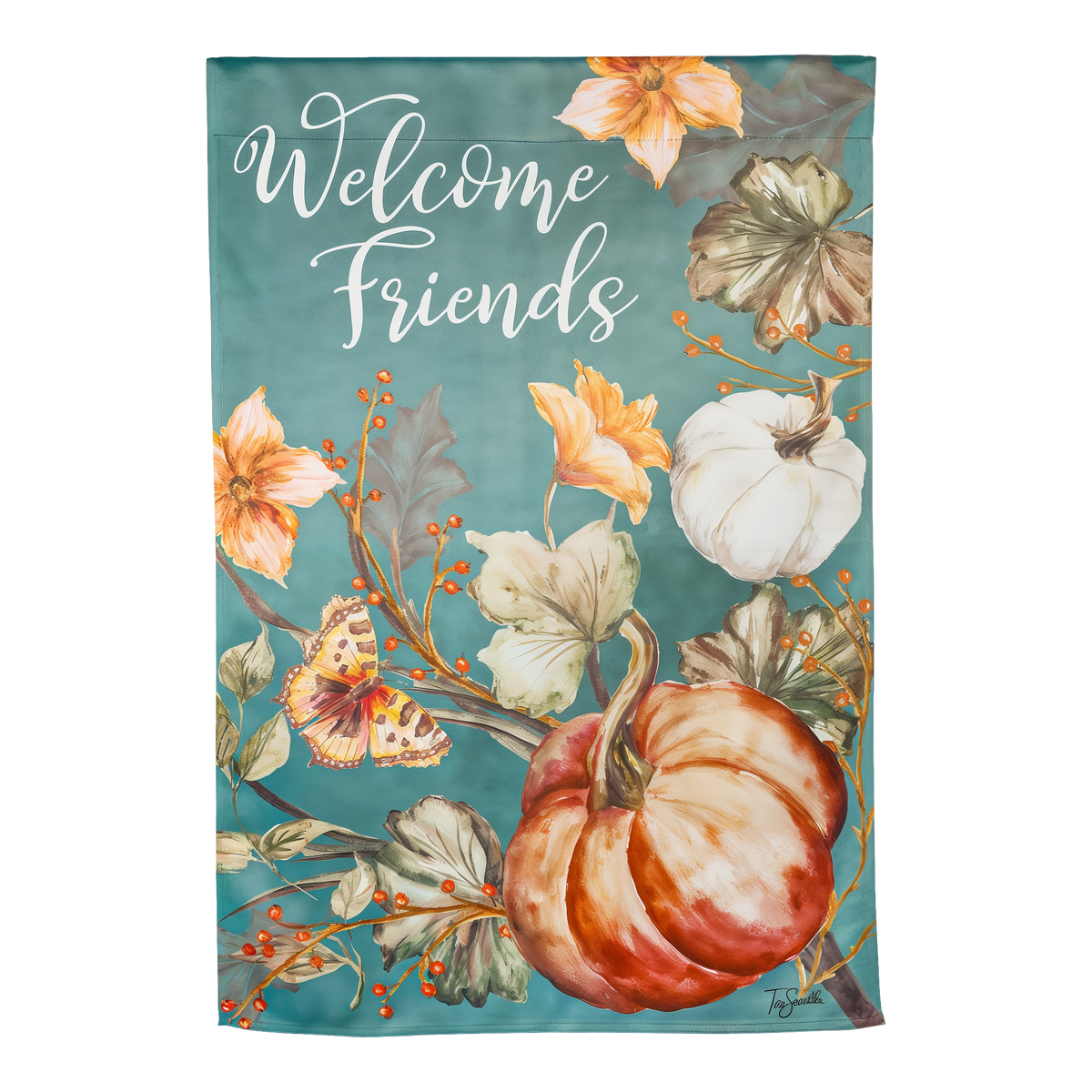 Evergreen Autumn Vines House Suede Flag -- front view with pumpkins and autumn leaves