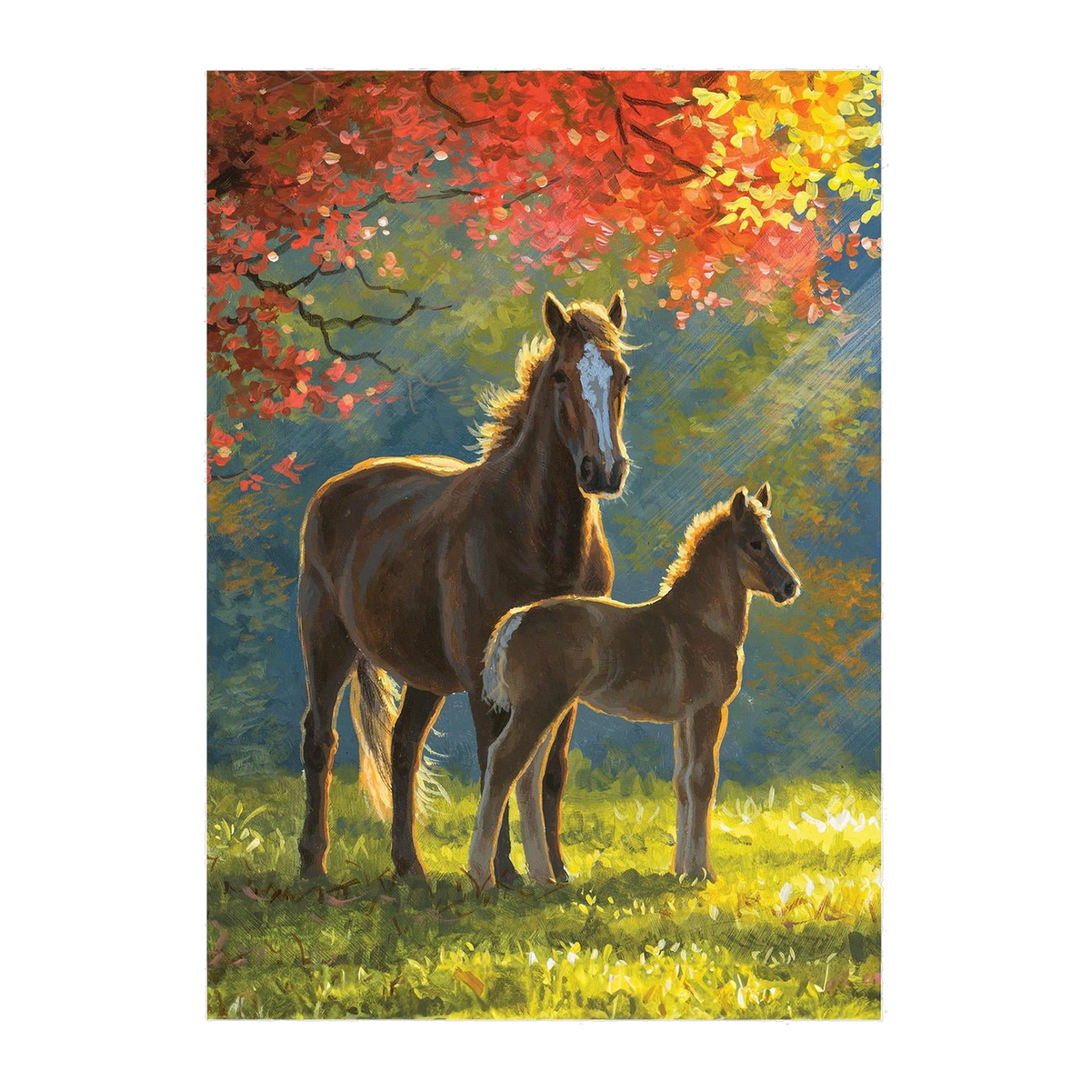 Evergreen Family Time Suede Garden Flag -- front view with mare and foal under autumn trees
