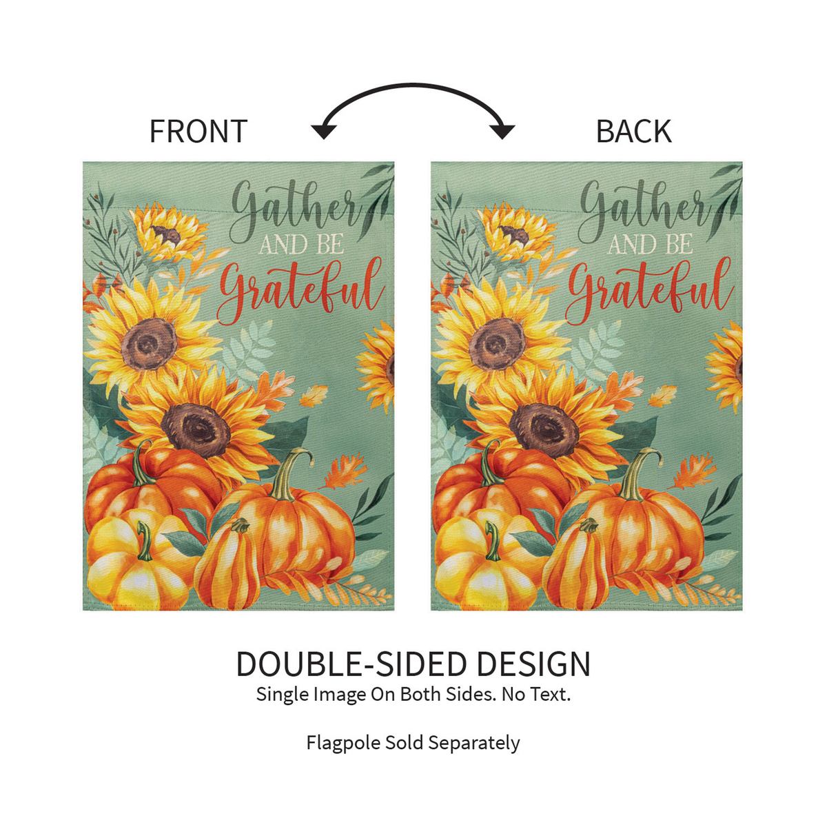 Evergreen Grateful Gatherings Suede Garden Flag -- front and back showing the double-sided design