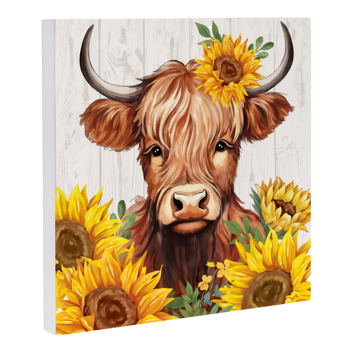 Evergreen Harvest Blossom Highland Cow and Sunflowers Wall Decor -- angled view showing panel depth