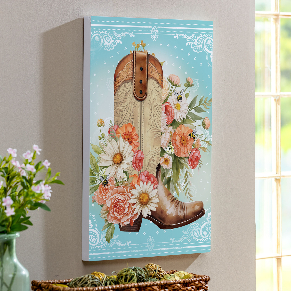 Evergreen Petal & Plow Cowboy Boots Wooden Wall Decor -- hanging on a wall beside a window