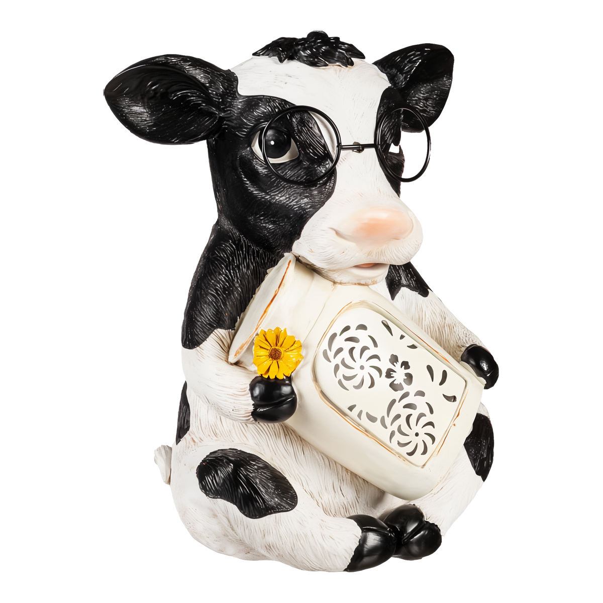 Evergreen 7 inch Resin Solar Cow Garden Statue With Glasses -- front view