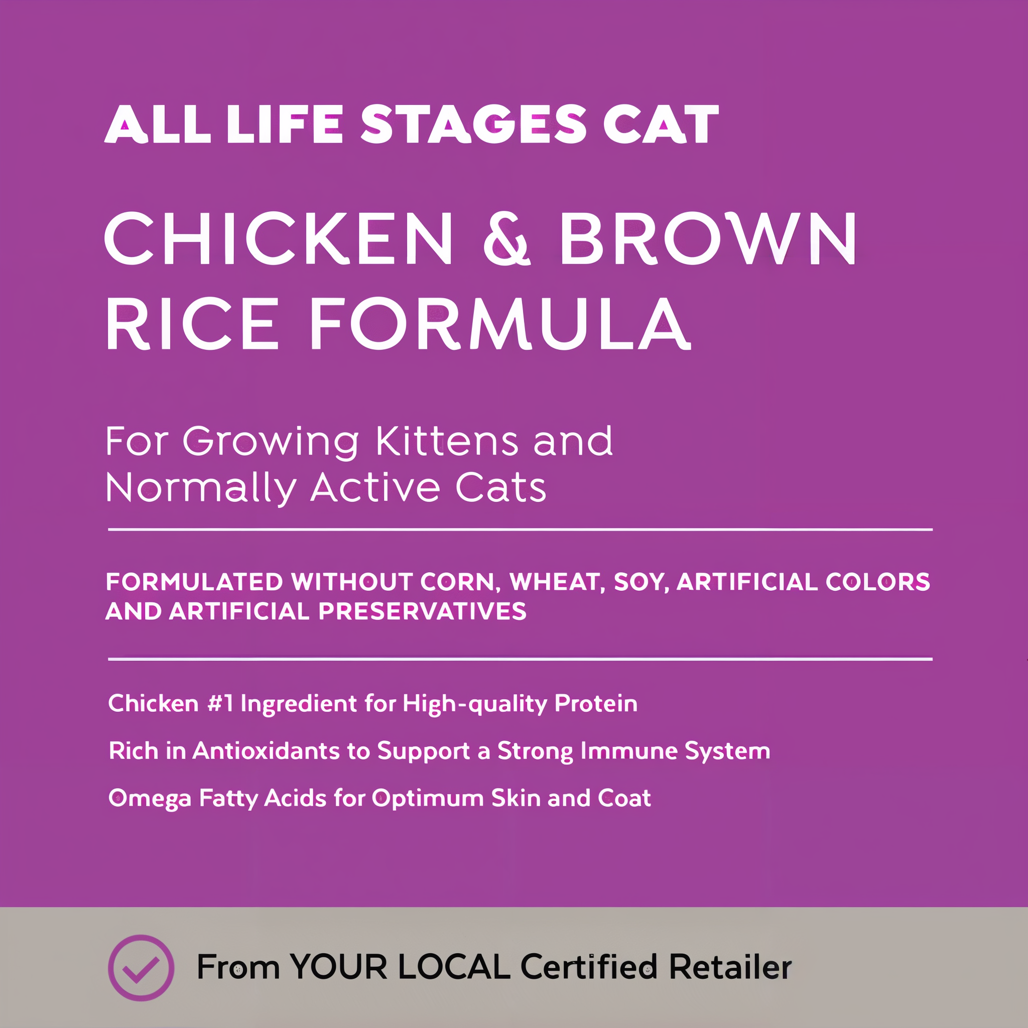 All Life Stages Cat Chicken & Brown Rice Formula recipe benefits — chicken first, DHA for kittens, taurine