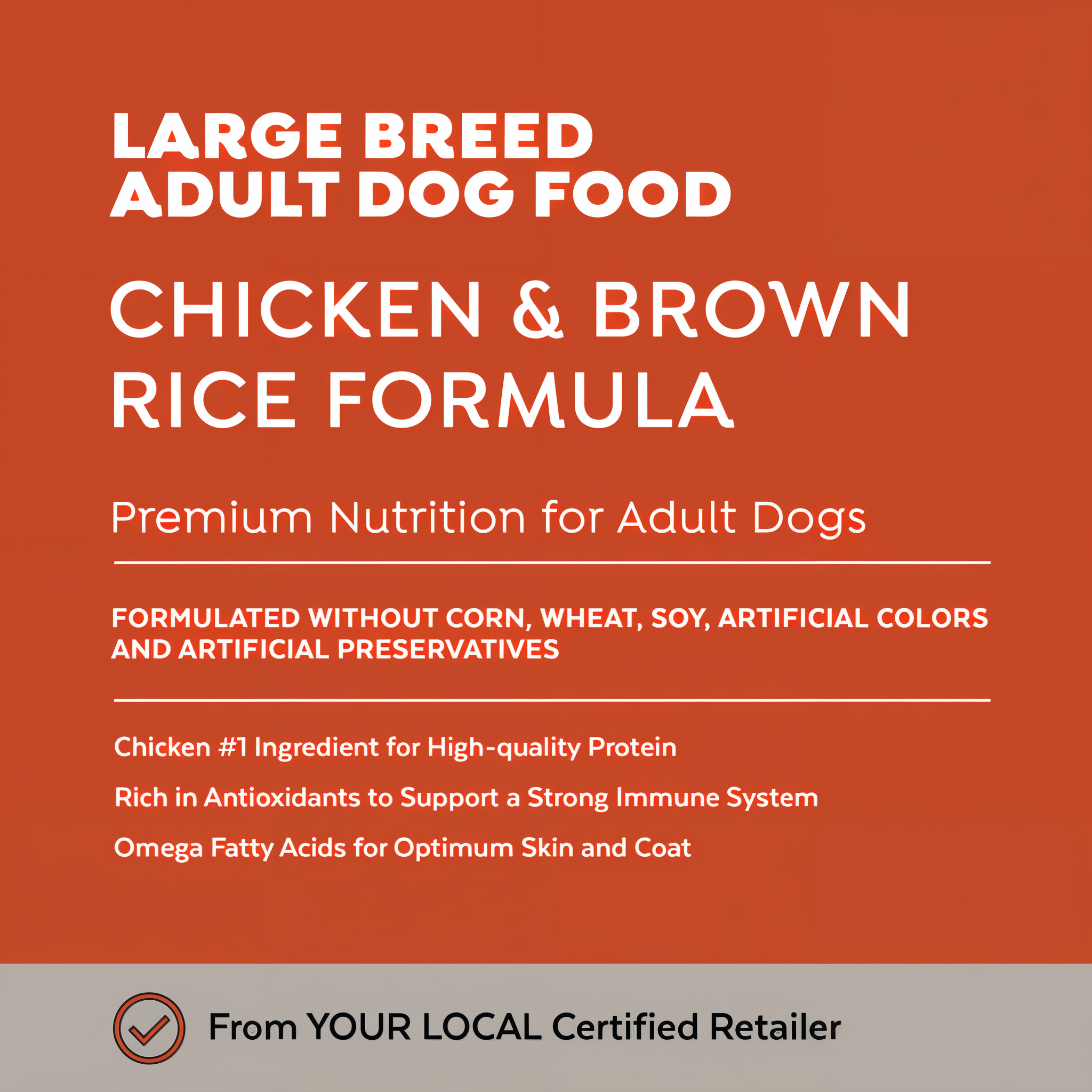 Large Breed Adult Dog Chicken & Brown Rice Formula recipe benefits — chicken first, L-carnitine, joint support