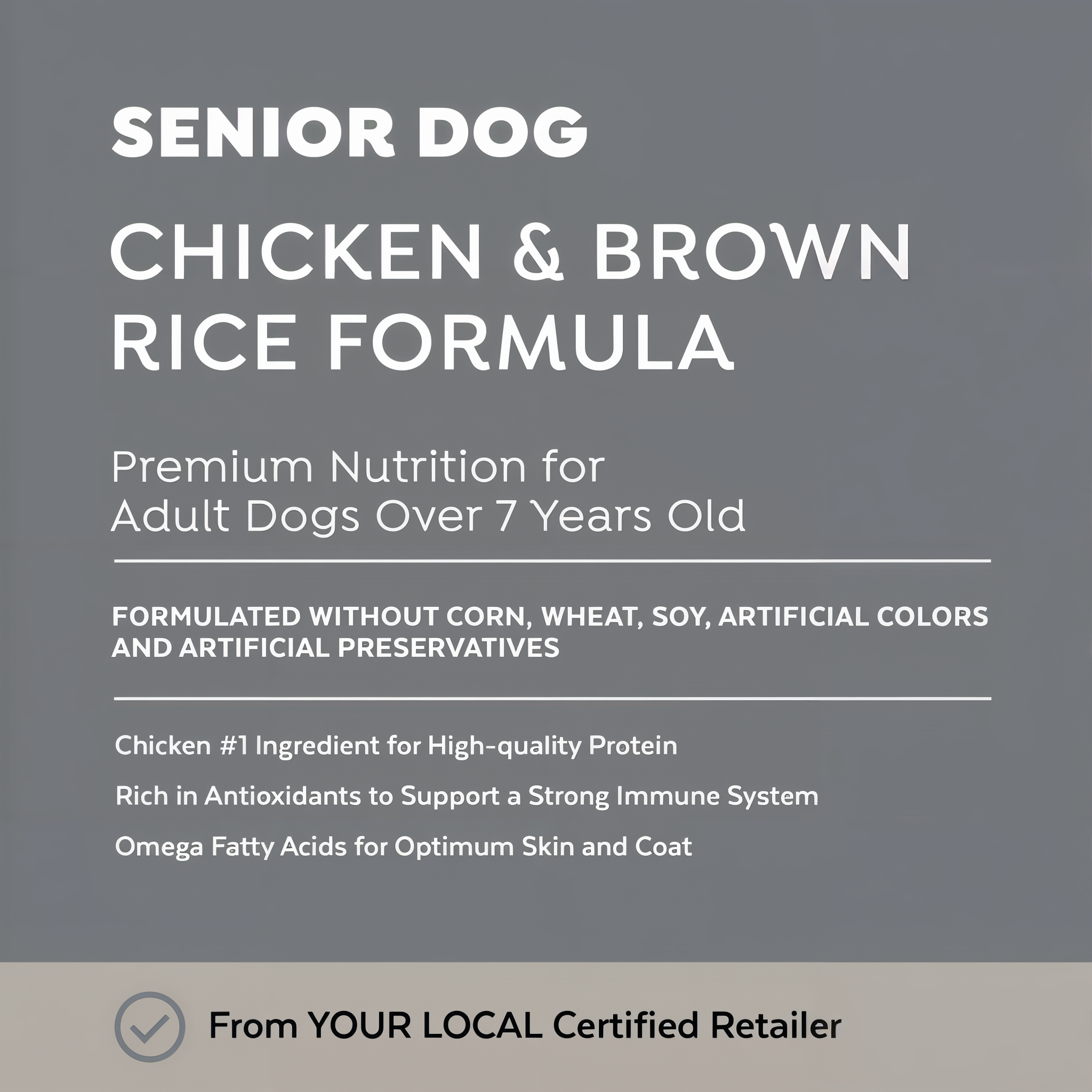 Senior Dog Chicken & Brown Rice Formula recipe benefits — for dogs over 7, joint support, easy-to-chew kibble
