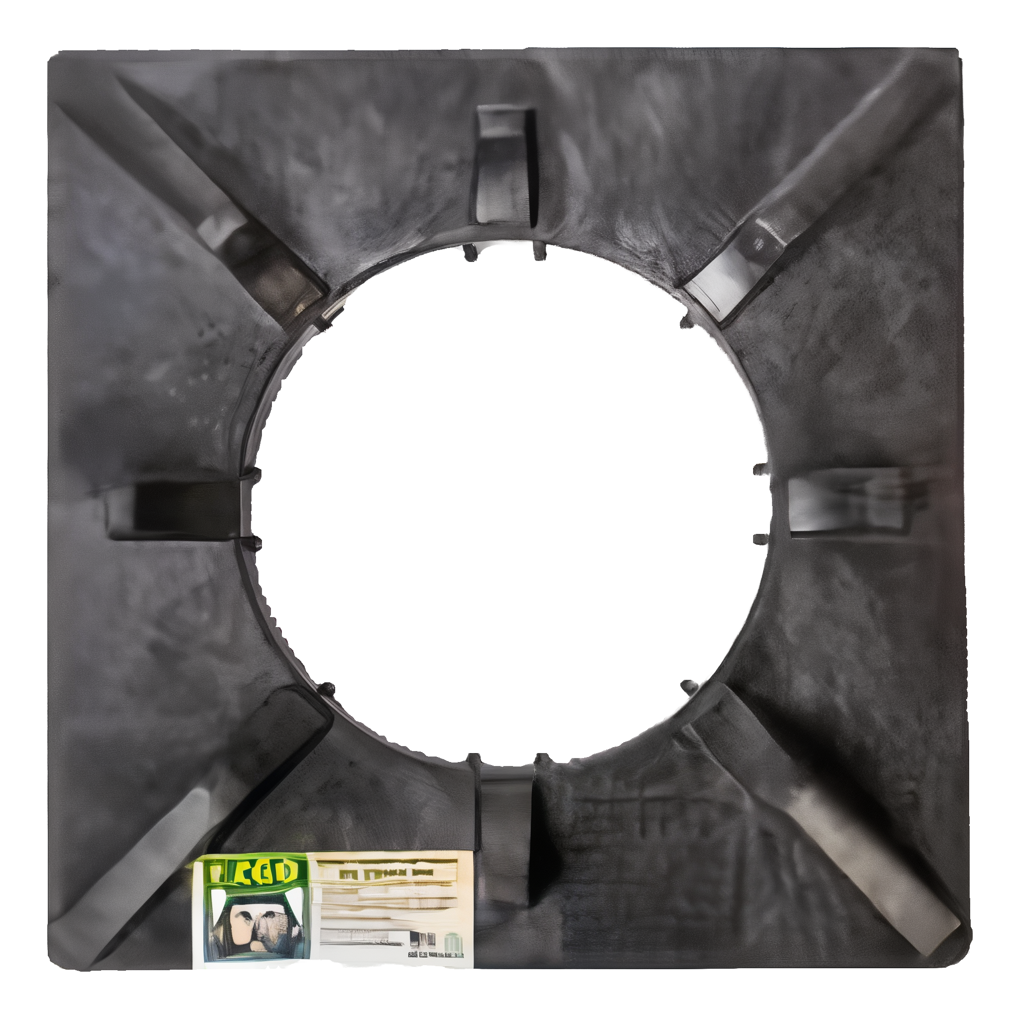 Angled view of the EZGO propane tank holder and stabilizer, a black recycled-plastic base with a central ring for securing a propane tank