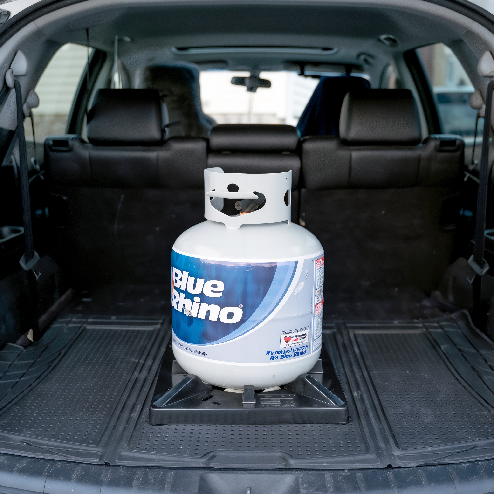 EZGO propane tank holder securing a propane cylinder upright and stable in the cargo area of a vehicle during transport