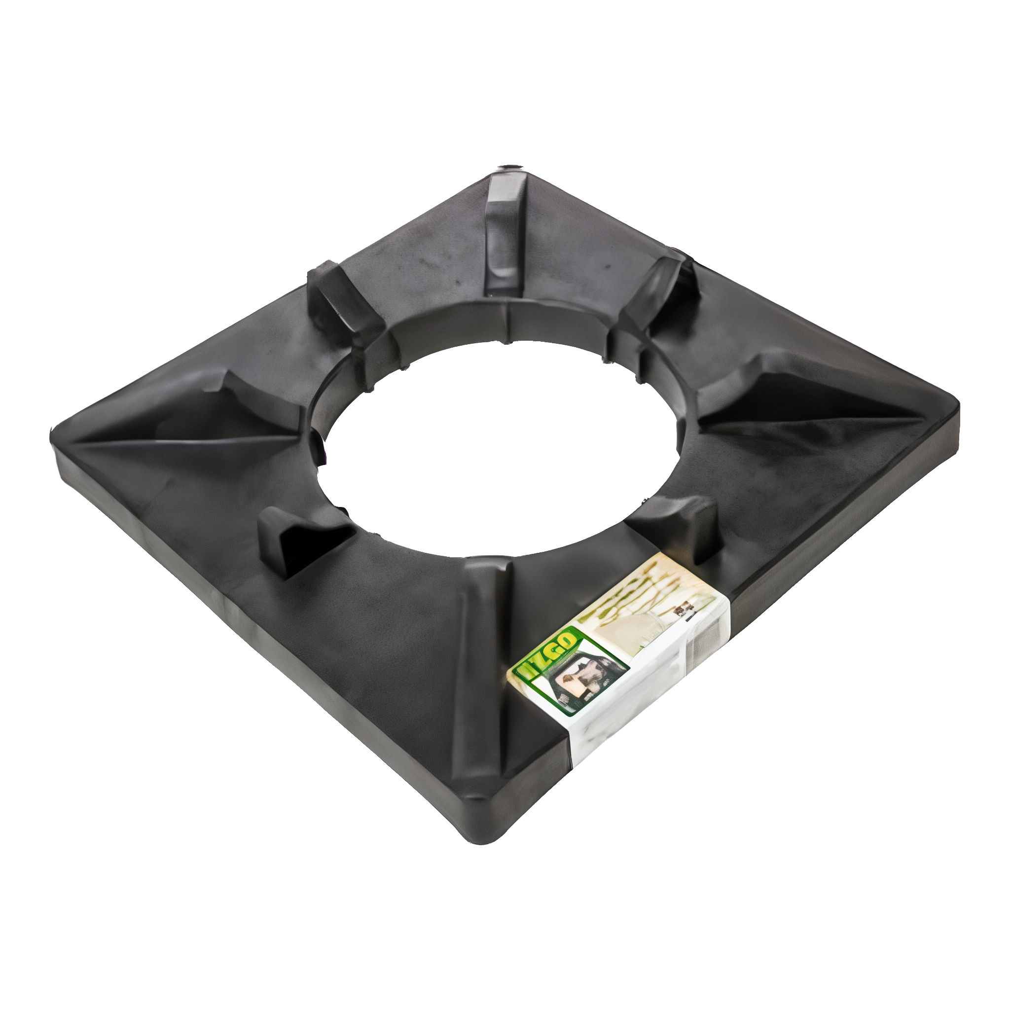 Top view of the EZGO propane tank holder showing the square recycled-plastic base, raised corner ribs, and center ring that grips a 20 lb propane cylinder