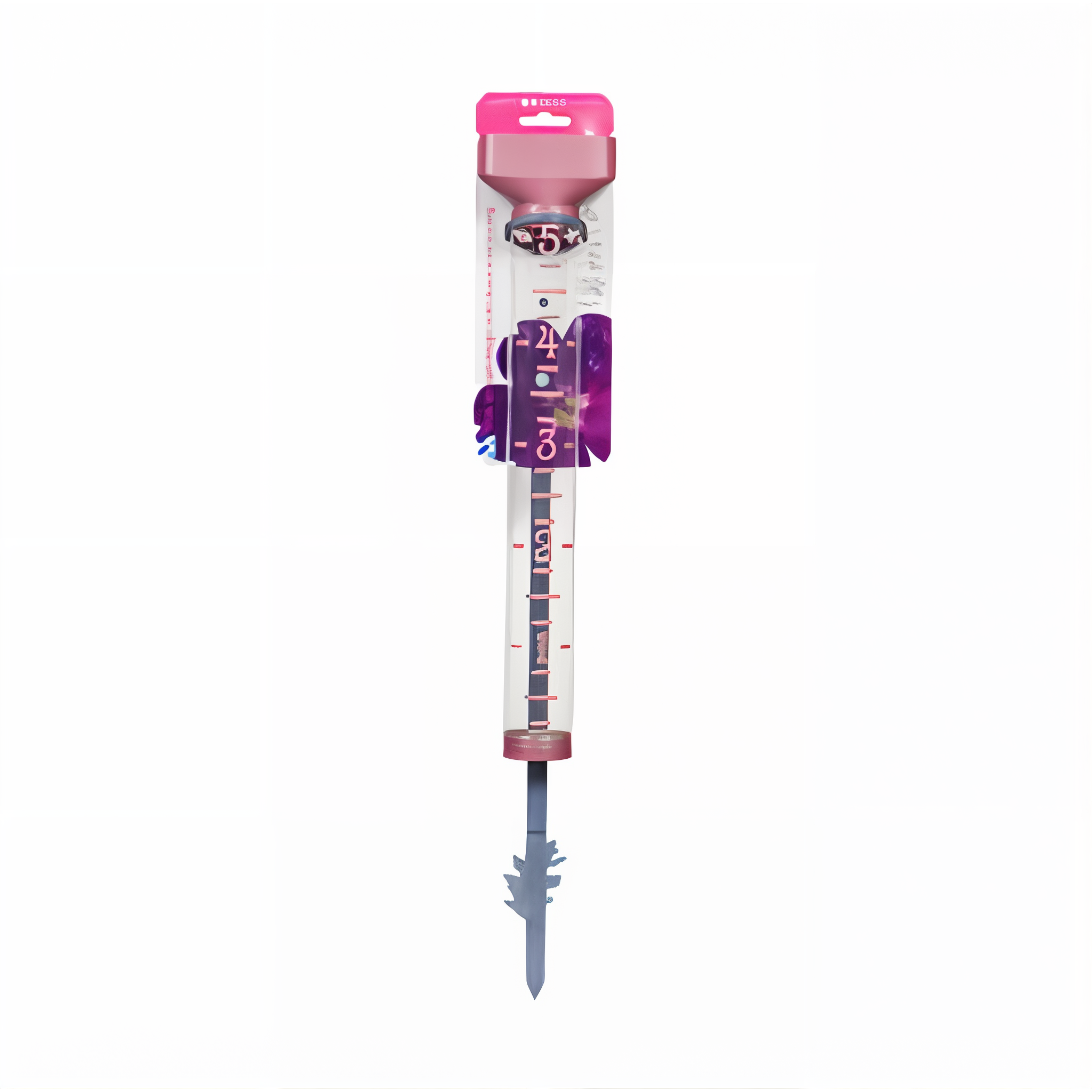 EZ Read Decorative Rain Gauge in Pink with floating green water marker and debris guard, mount or stake install