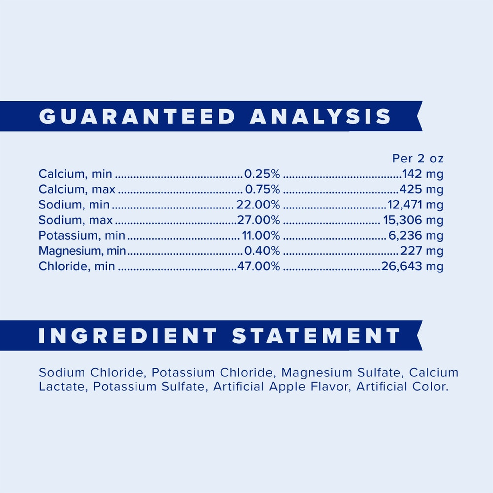 Guaranteed analysis and ingredient statement for apple elite electrolyte powder