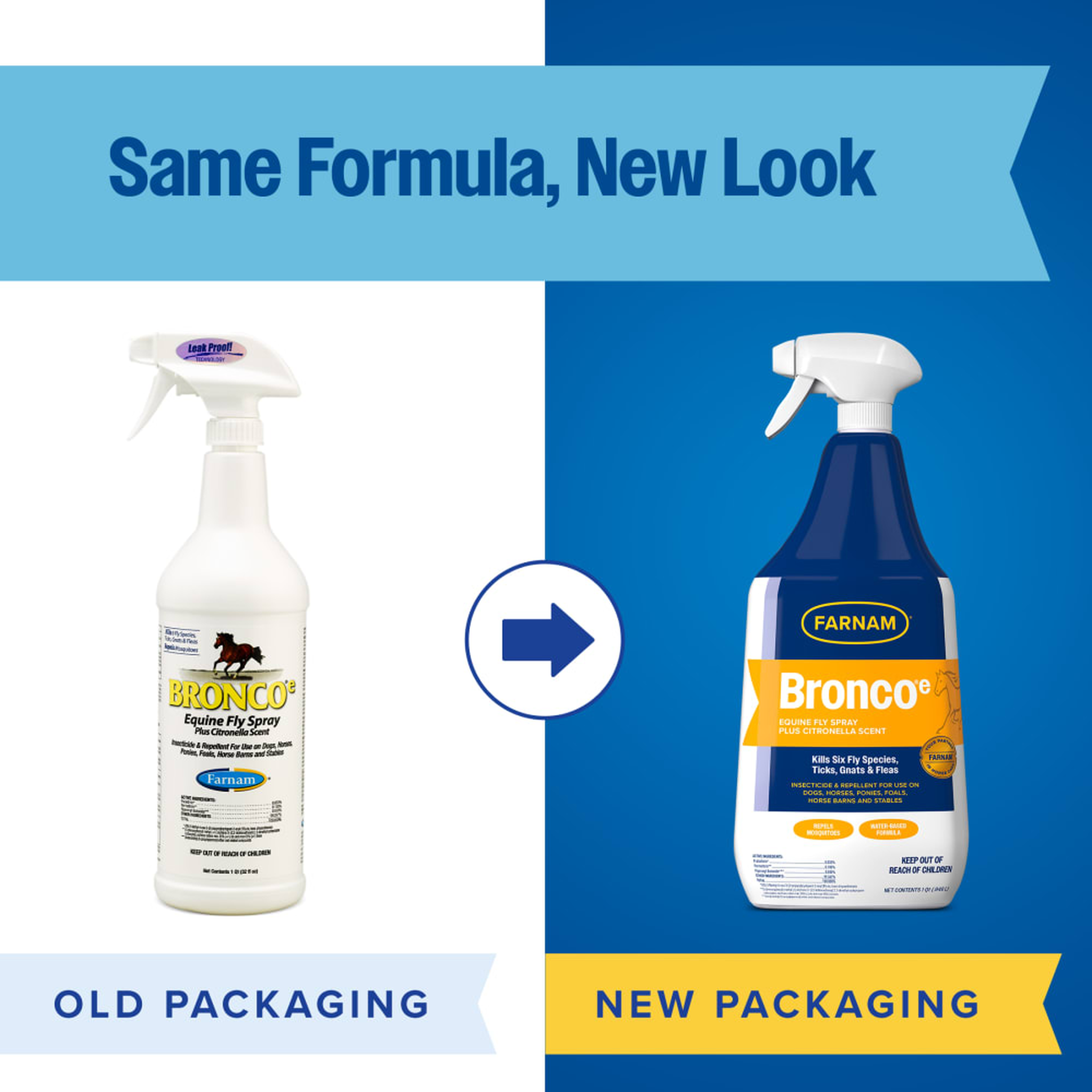 Bronco e Equine Fly Spray with old and the new navy and gold packaging #32 oz Spray