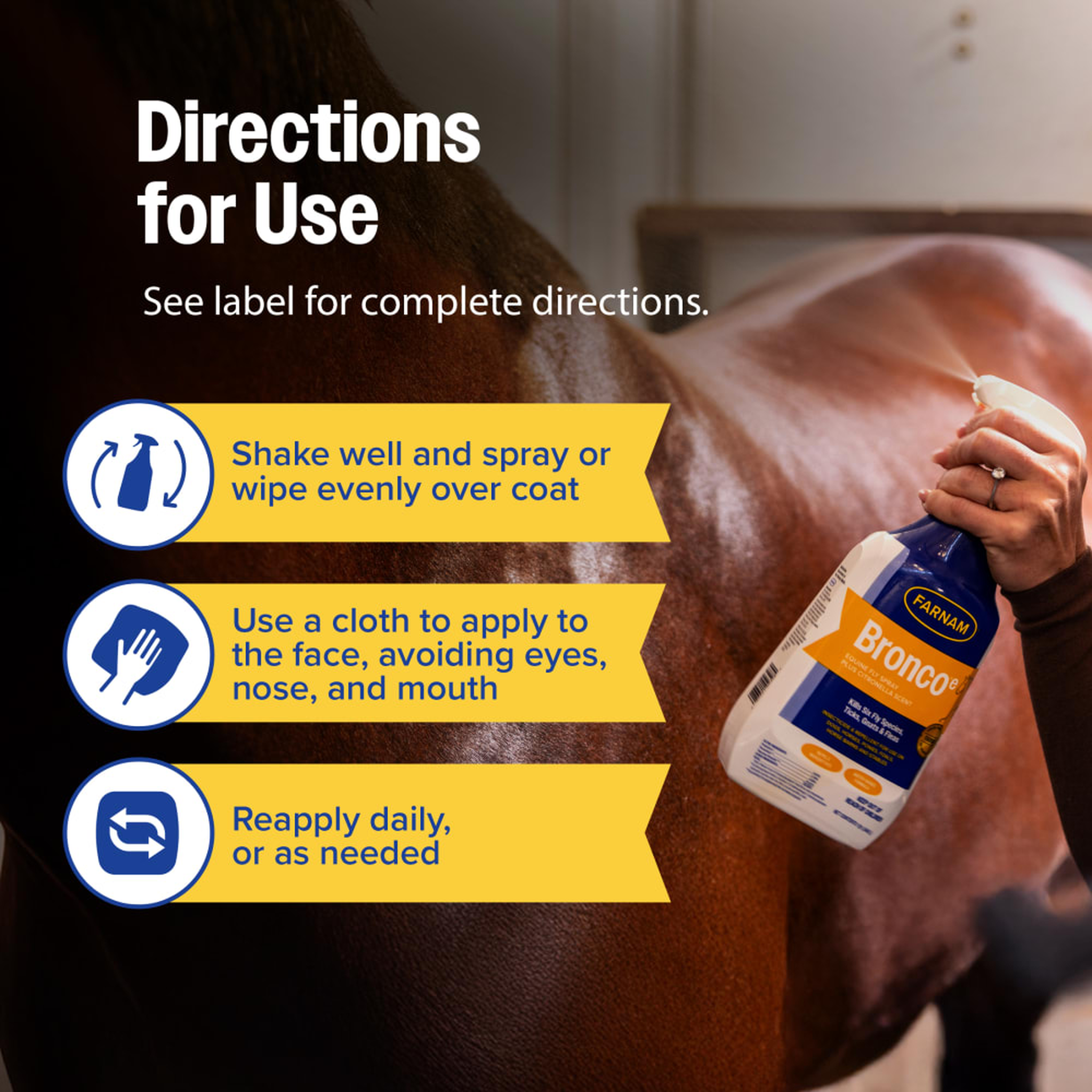 Person applying Bronco e fly spray to a horse with directions for use