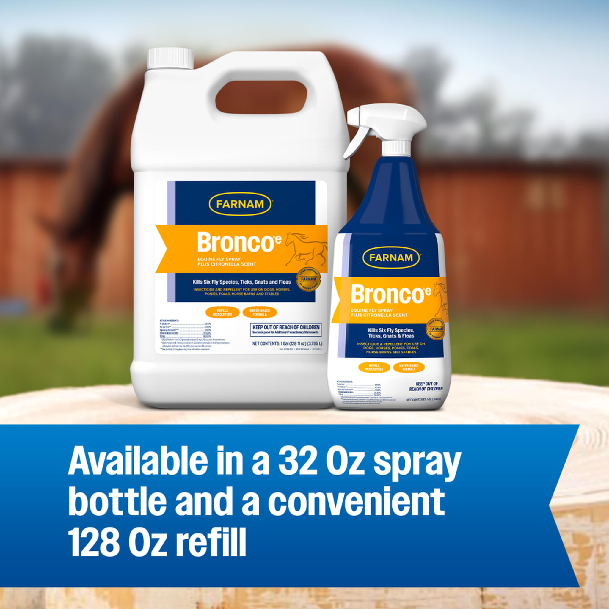 Bronco e 32 oz spray bottle and 128 oz refill jug displayed outdoors