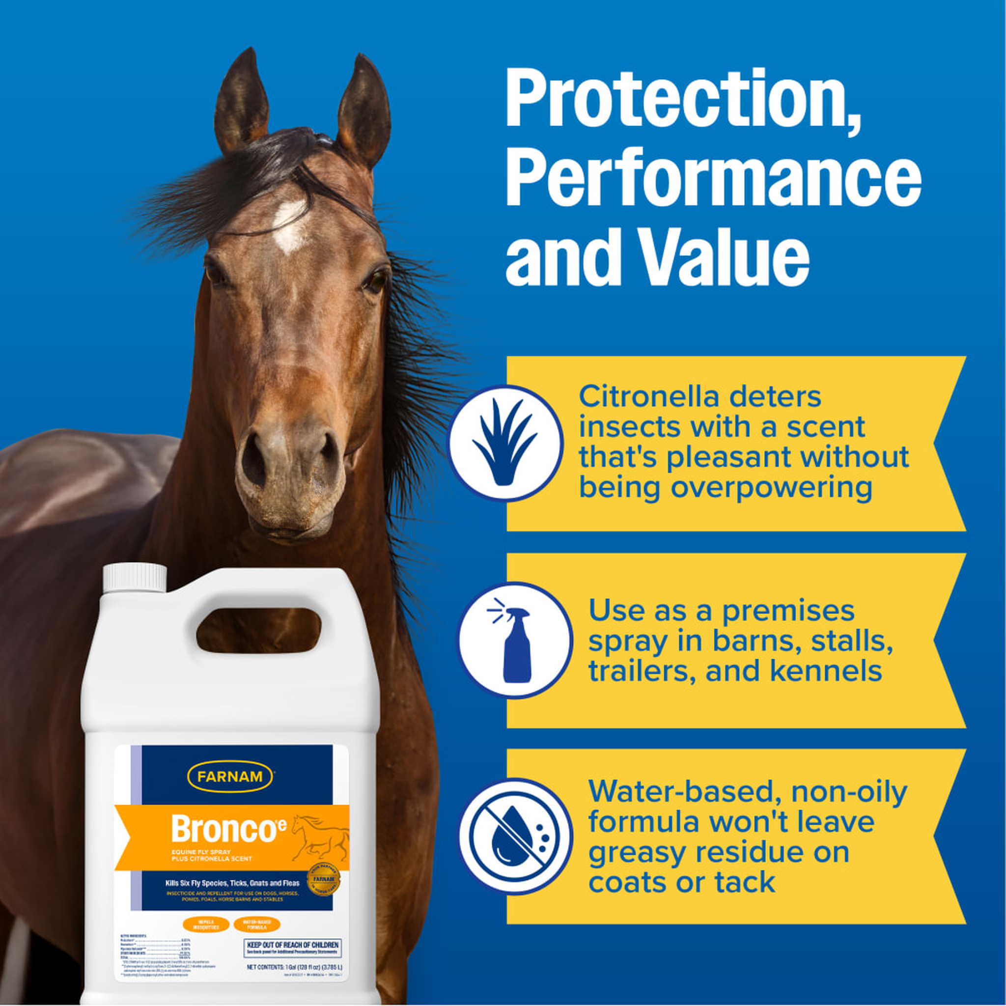 Horse with Bronco e 128oz jug highlighting protection and value features