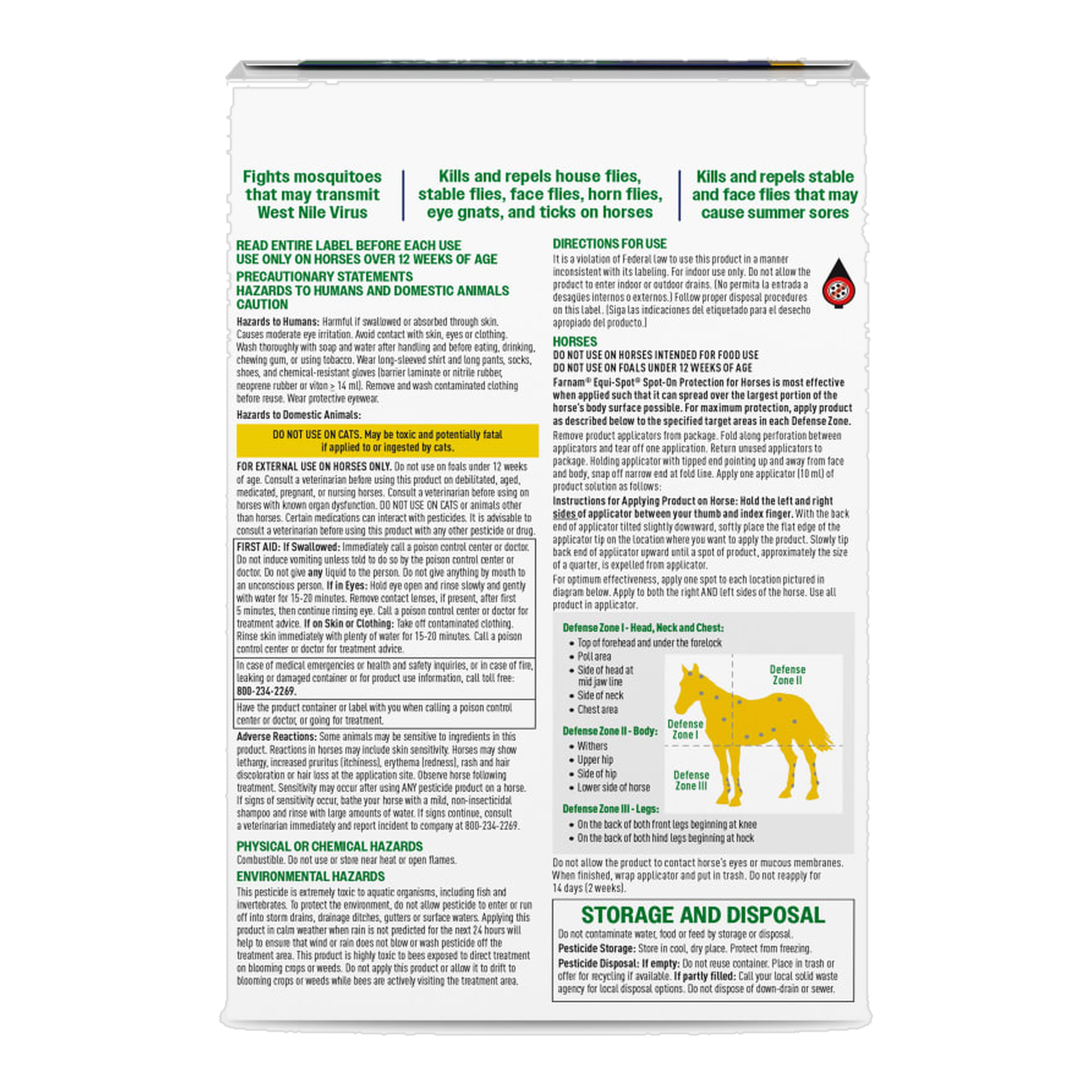 Farnam Equi-Spot Spot-On Protection for Horses back of package label