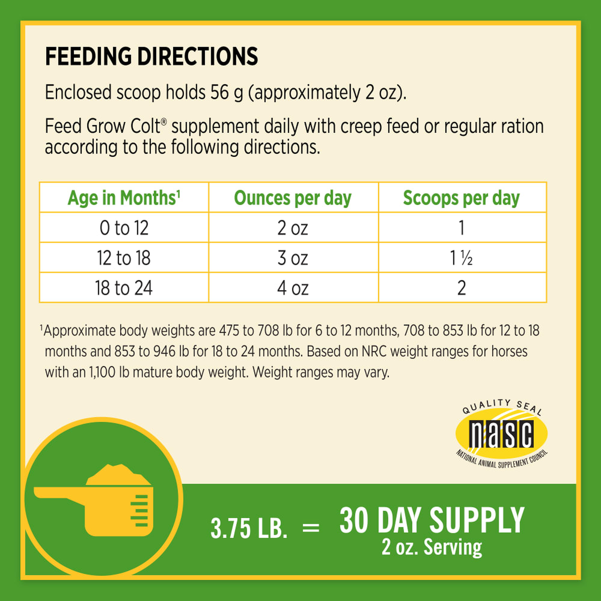 Farnam Grow Colt Growth & Development Supplement feeding and use directions from the label
