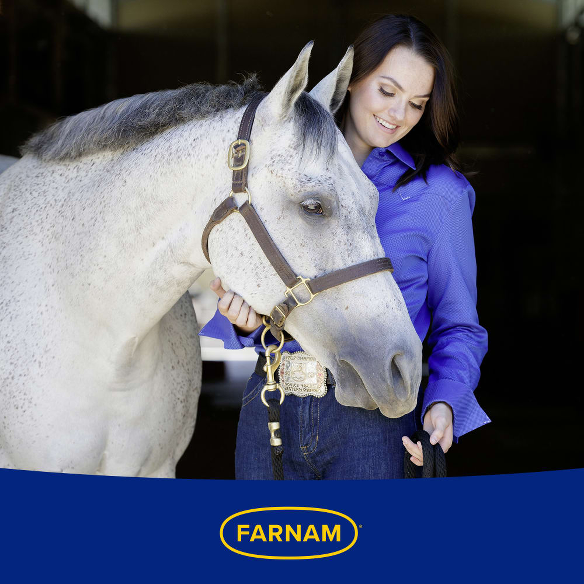 Farnam Leather New Easy-Polishing Glycerine Saddle Soap - Woman smiling and petting a white horse affectionately. Farnam logo