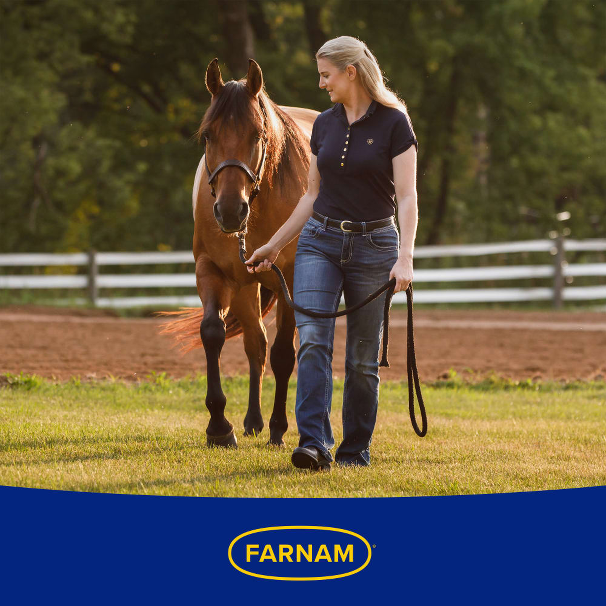Farnam No Chew Clear Spray - Woman smiling and walking with a brown horse. Farnam logo